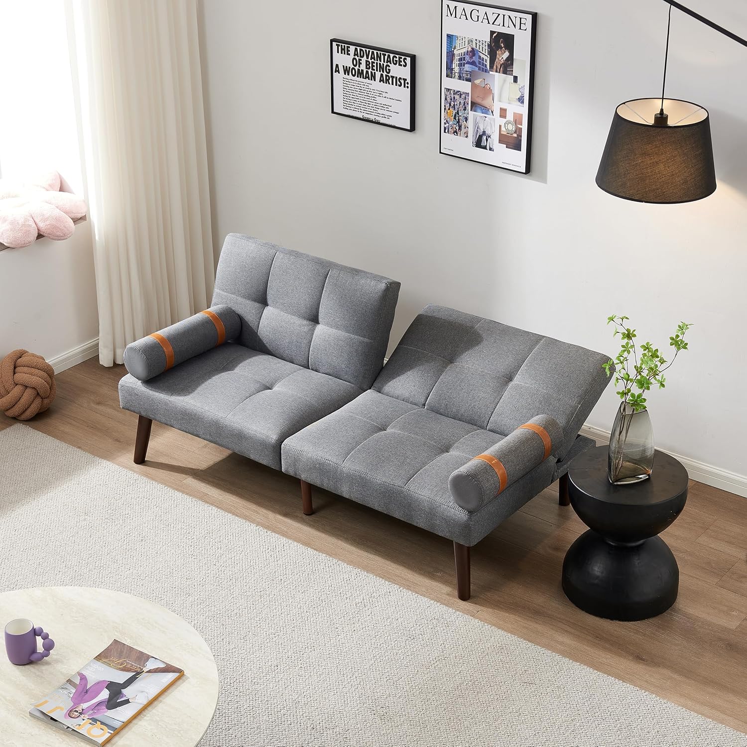 Convertible Sofa Bed Futon with Solid Wood Legs Linen Fabric Grey