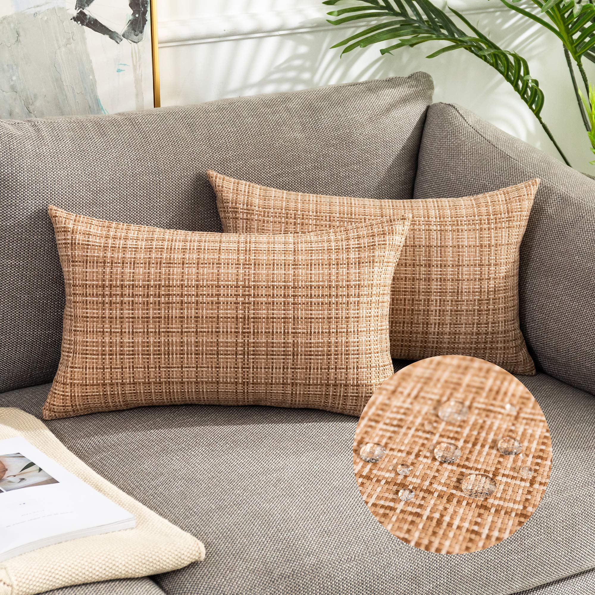 Kevin Textile Waterproof Cushion Covers 30x50 cm Set of 2 Outdoor Stripe Woven Texture Water Resistant Seat Cushions Cover 12x20 Inch for Garden Patio Balcony Couch Sofa Chair Seats, Beige