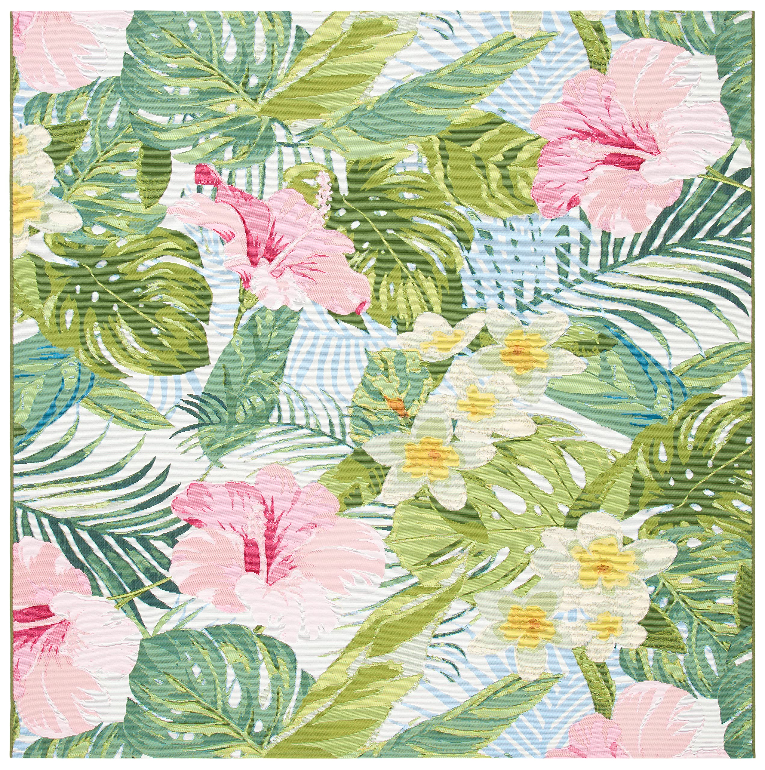 SAFAVIEH Washable Rug Outdoor Barbados Collection - 8' Square, Green & Pink, Non-Shedding & Easy to Clean, Ideal for Patio, Backyard, Mudroom (BAR516X