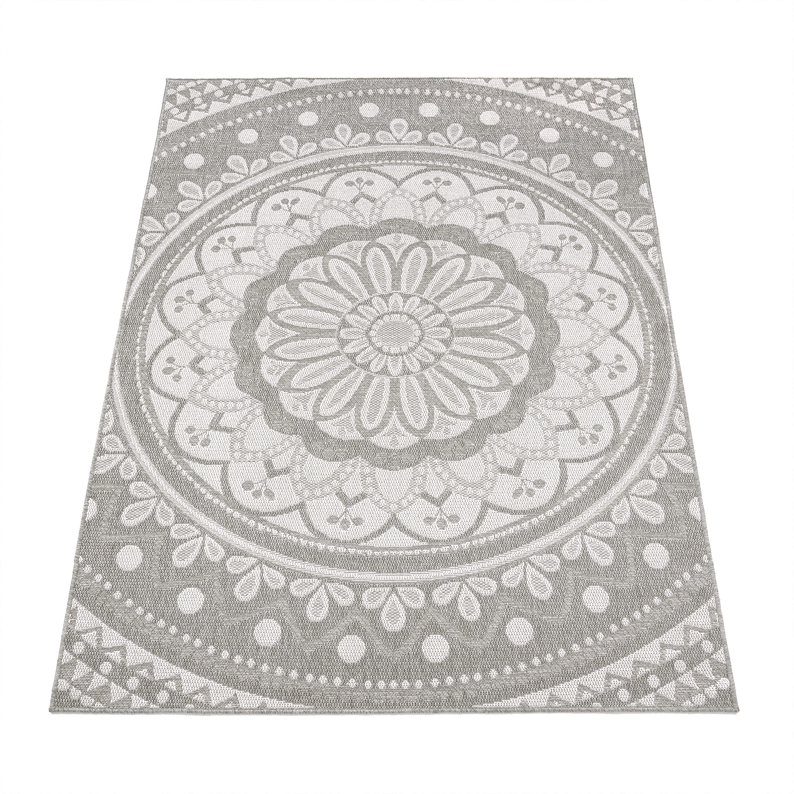Paco Home Outdoor Teppich wetterfest & robust modernes Mandala & Boho Design pflegeleicht & flachgewebt für Balkon, Terrasse, Garten, Wohnzimmer & Küche Ethno Mandala, Grösse:160x220 cm, Farbe:Grau