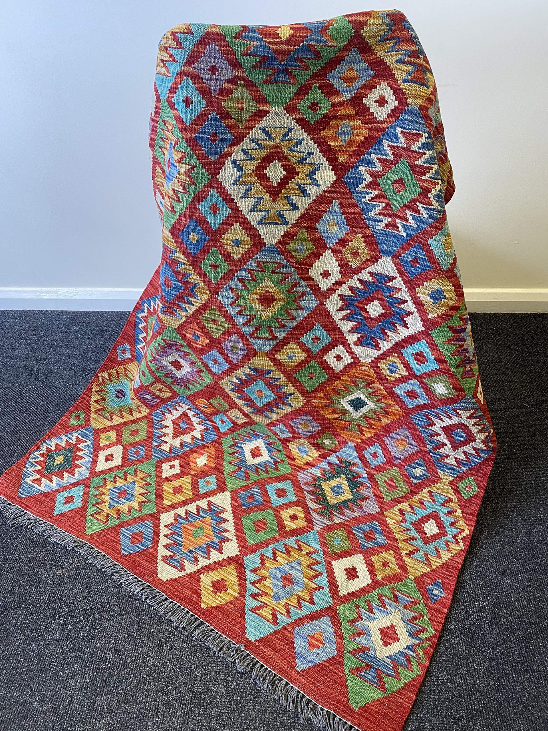 Afghan Kilim Oriental Handwoven, Vibrant, Reversible, Geometric, Tribal, Handmade using Vegetable Dyes Area Rug, Red/Multi 180cm x 115cm