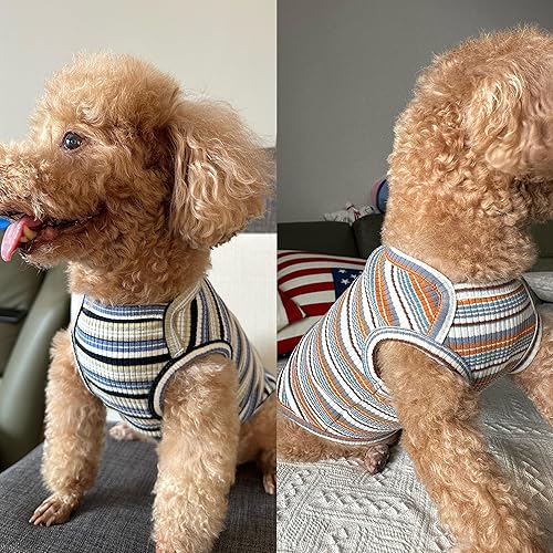 Miniatura 6 de Camisas para perros, chaleco de algodón a rayas, ropa elástica sin mangas para perros pequeños, paquete de 2 camisetas suaves y transpirables para