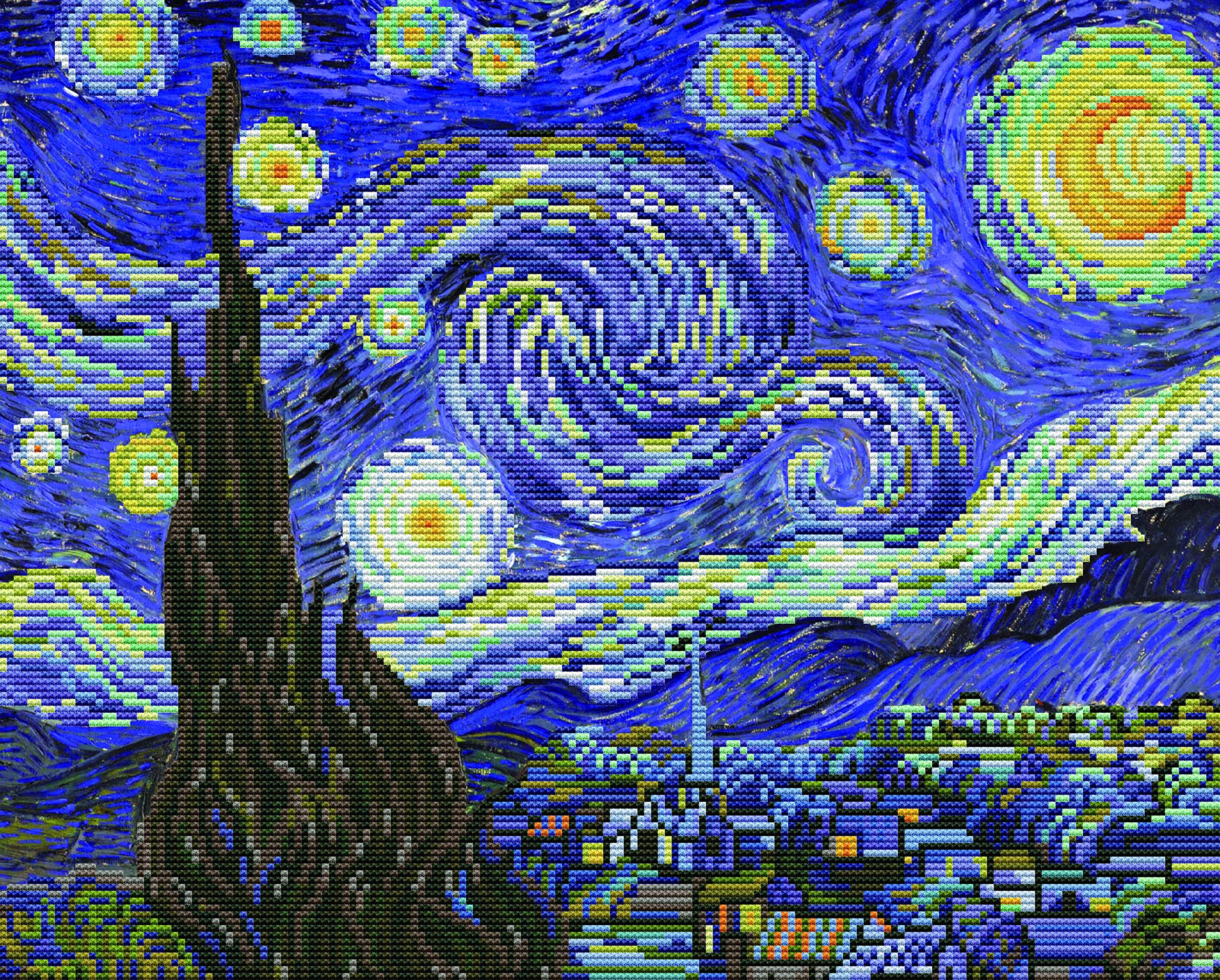 Kit per ricamo a punto croce No Count, kit per principianti, con strumenti da ricamo, notte stellata (dopo Van Gogh), 51 x 43 cm, Aida 11 ct con sfondo stampato a colori