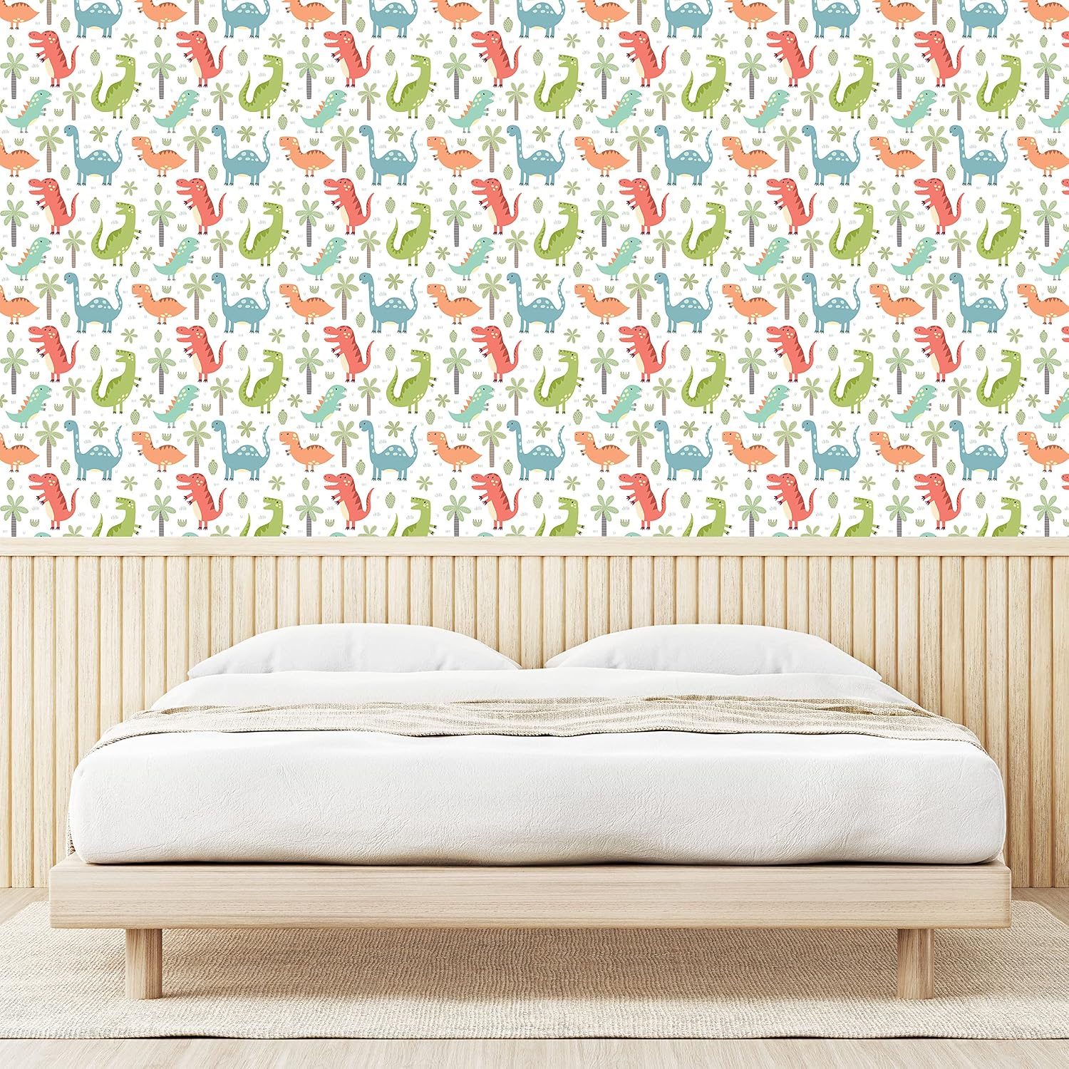 Lunarable Dinosaur Party Peel & Stick Wallpaper for Home, Tyrannosaurus Doodle Shower Birth of Celebration Pattern, Self-Adhesive Living Room Kitchen Accent, 13" x 36", Green Blue Coral