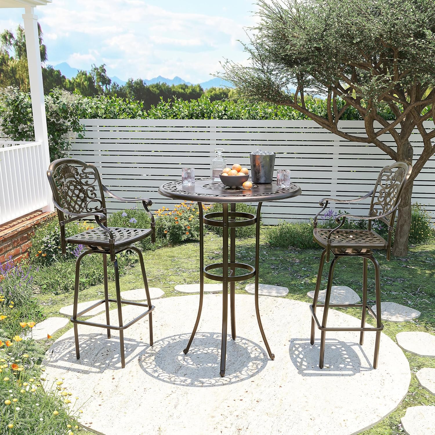 Pamapic 3-Piece Patio Swivel Bar Stools Set，Rustproof Cast Aluminum Patio Bar Sets 2，All-Weather High TopTable and Chairs Furniture Set Garden, Balcony, Bronze