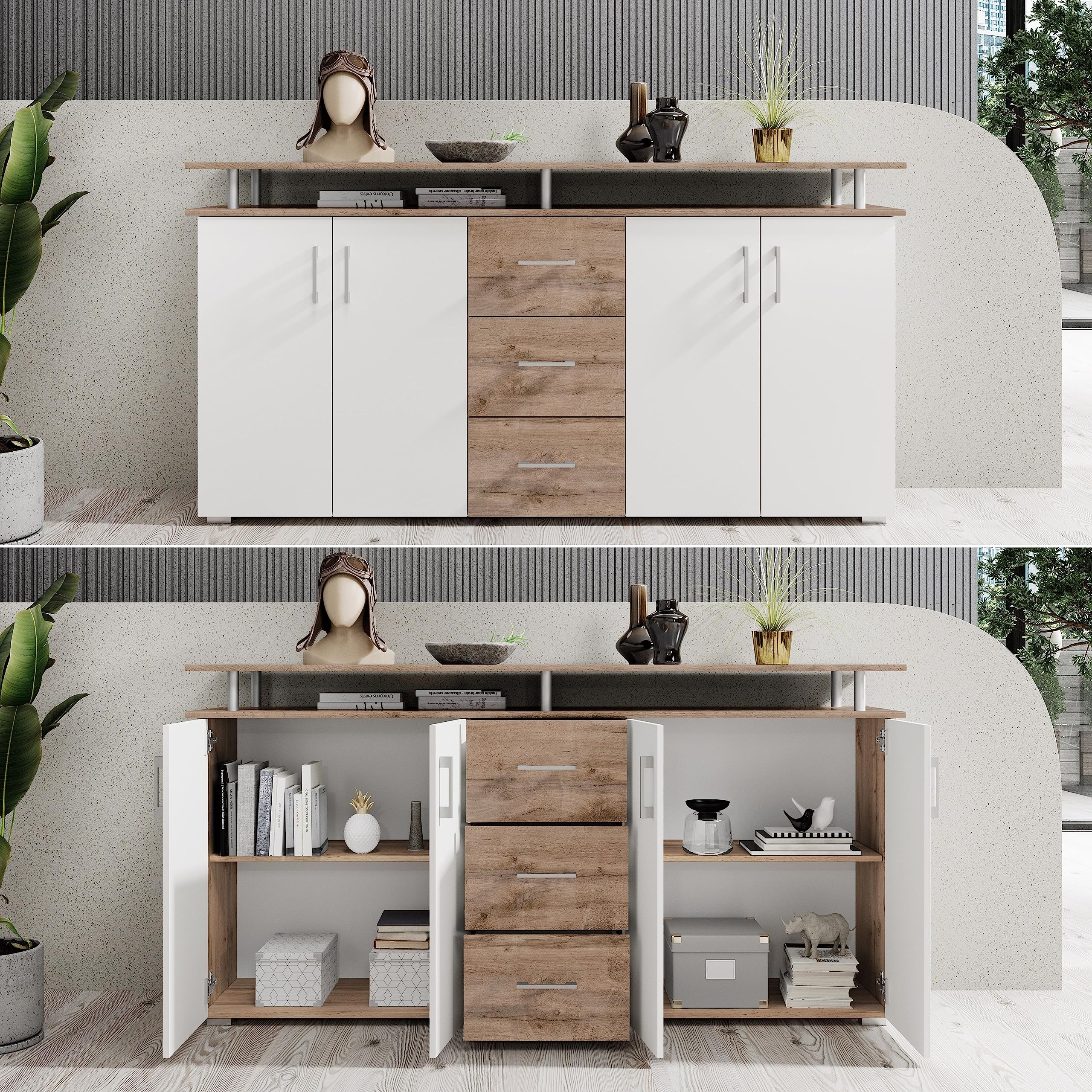 LIFT Highboard mit Ablage in Wildeiche Optik, Weiß - Moderner Wohnzimmerschrank mit Schubladen und viel Stauraum für Ihren Wohnbereich - 178 x 90 x 38 cm (B/H/T)