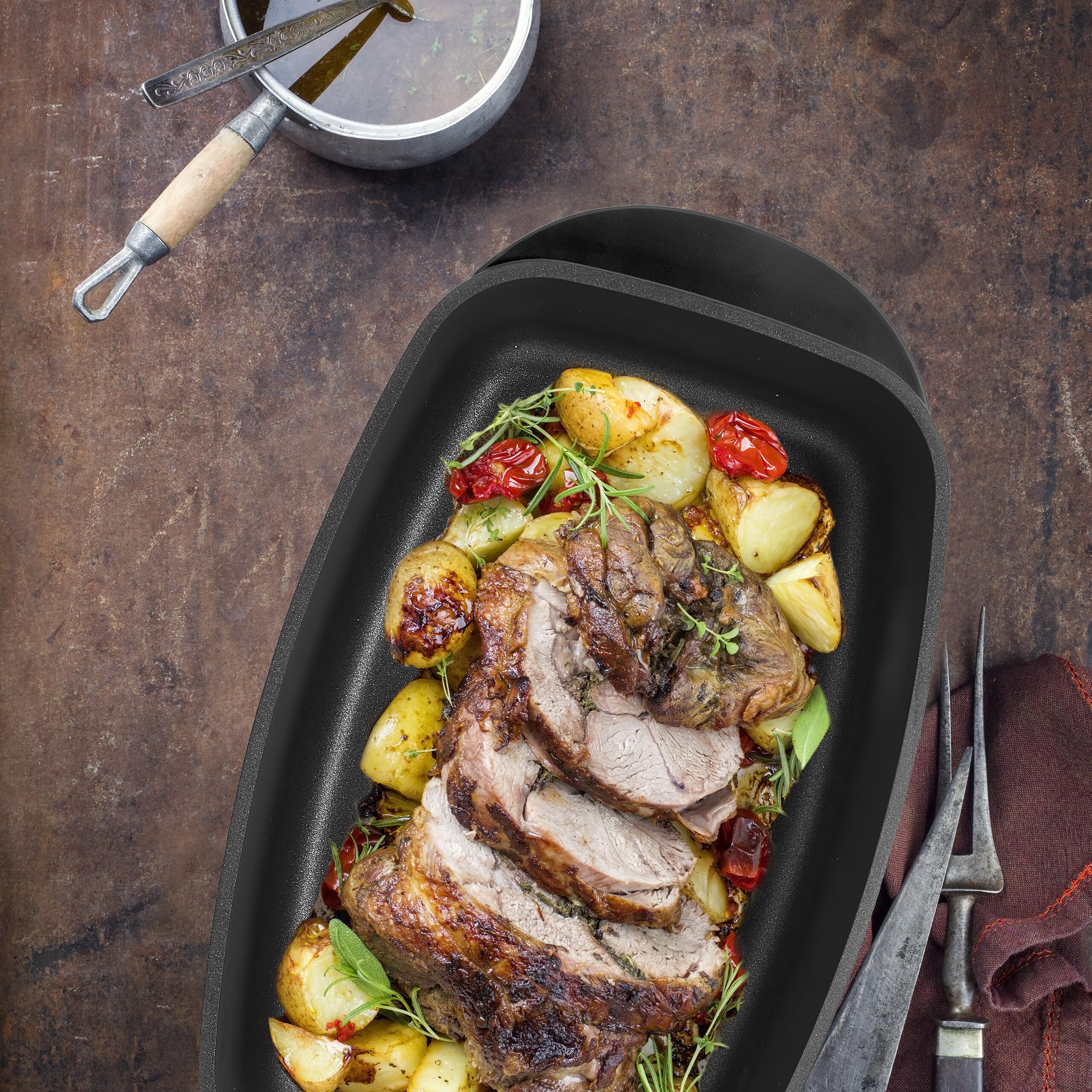 Relaxdays Pirofila da Forno con Coperchio, Teglia 5 L, Pomello per Aromatizzazione Piano Cottura Elettrico e Gas, Nero