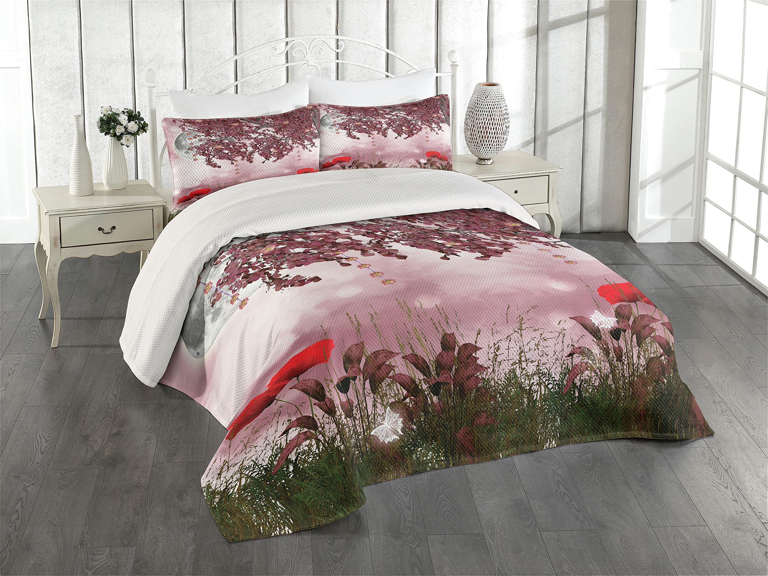 Ambesonne Poppy Flower Coverlet, Dream Garden with Poppies Full Moon Floral Tree Branches Paradise, 3 Piece Decorative Quilted Bedspread Set with 2 Pillow Shams, Queen Size, Mauve Red