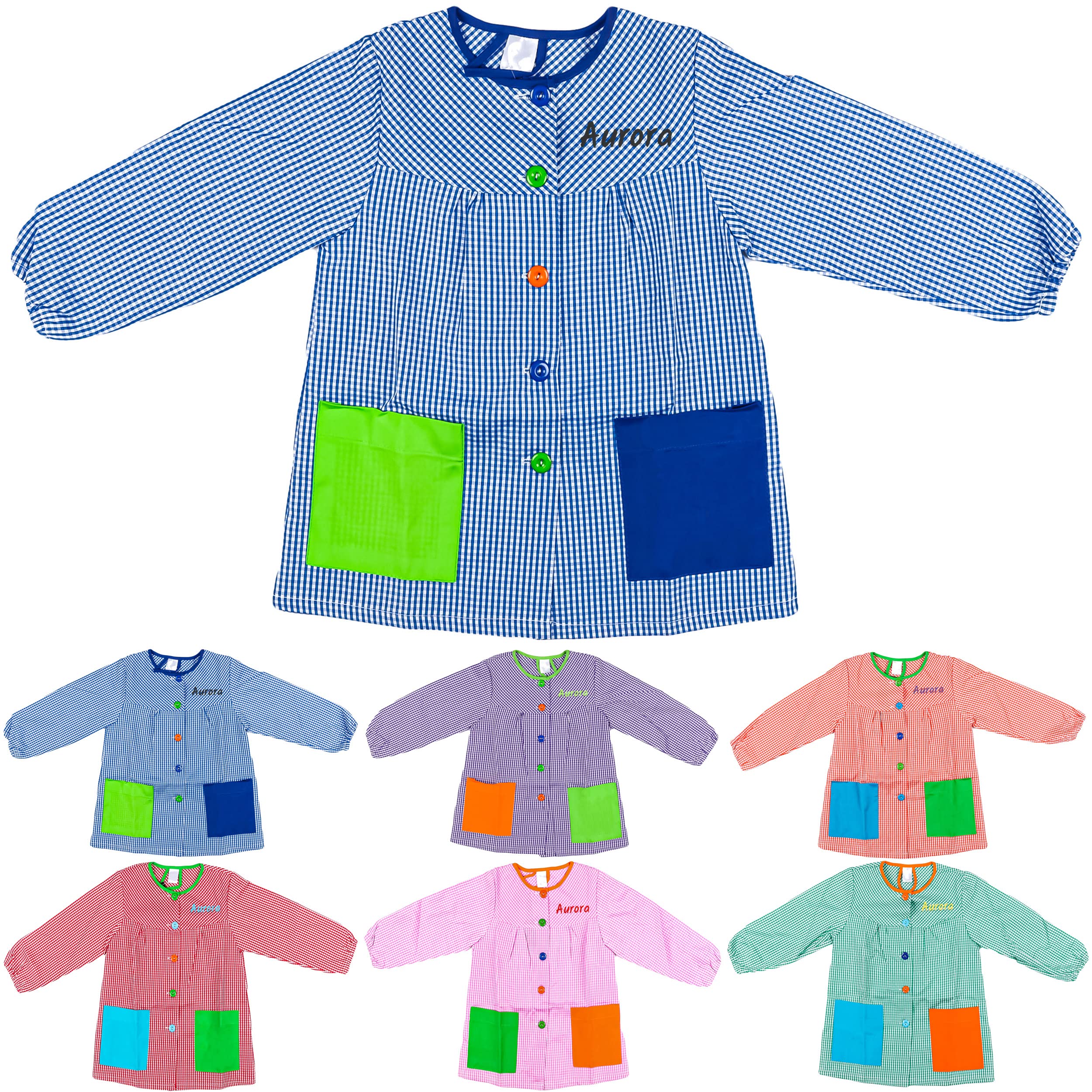H HANSEL HOME Bata Escolar Infantil Multicolor Baby Infantil de Cuadros Pequeños - 2-3 años, con Bordado Nombre Personalizable