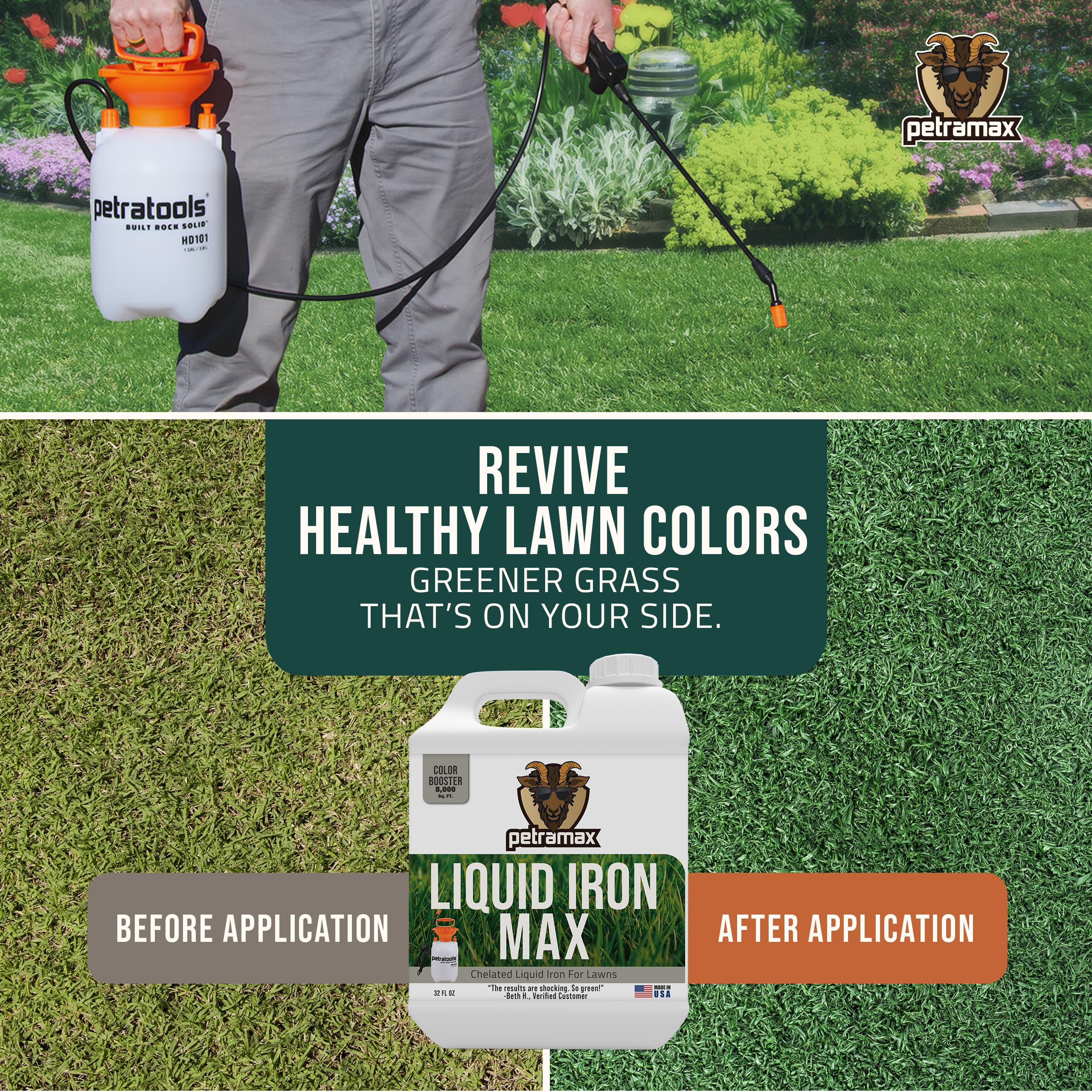 PetraTools Liquid Iron For Lawns - Chelated Iron, Liquid Iron for Plants, Liquid Lawn Fertilizer Concentrate Solutions, Chelated Iron for Plants, Lawn Iron Formula, EDTA-Free & Made In The USA (32 Oz)