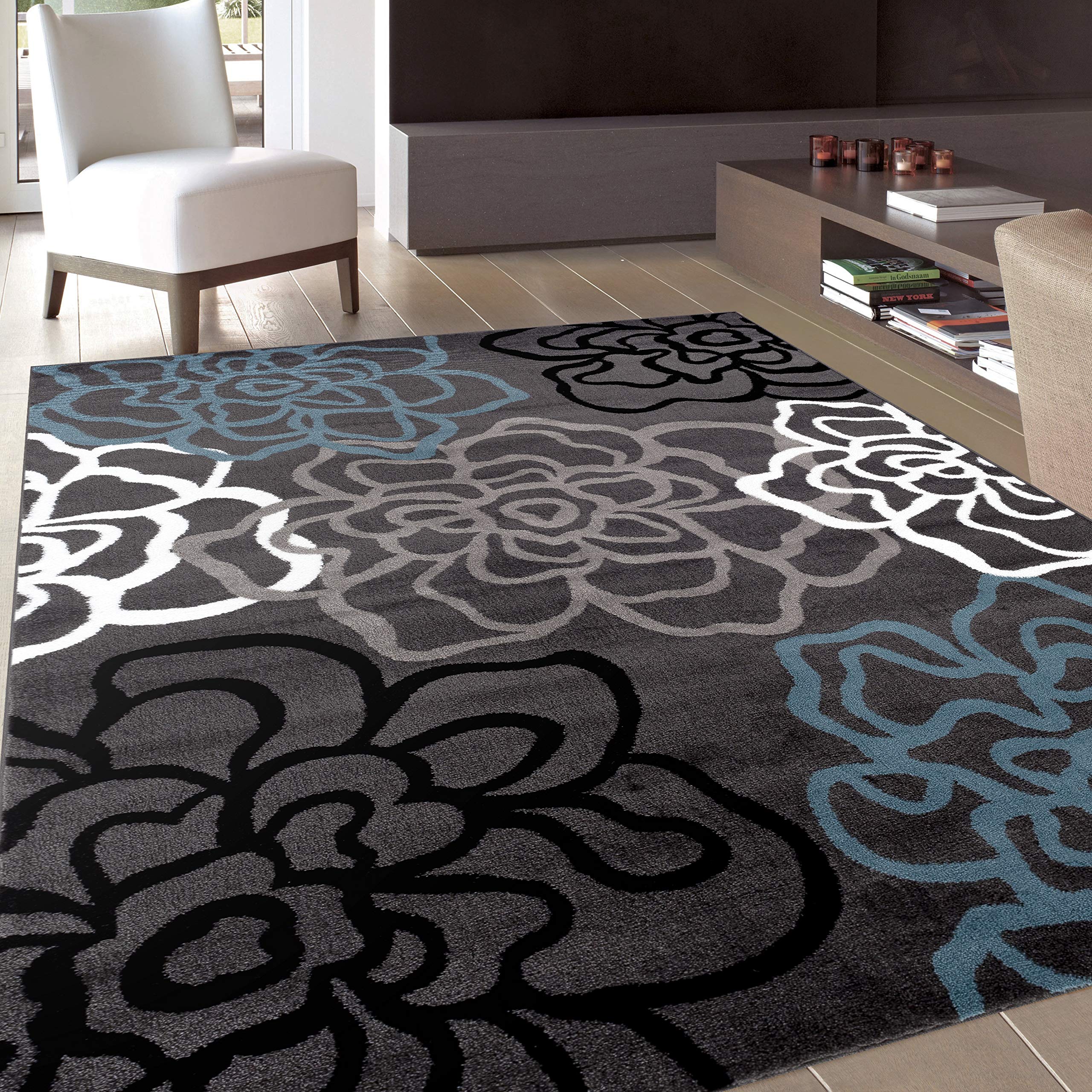 Contemporary Modern Floral Flowers Gray Area Rug 5' 3" X 7' 3"