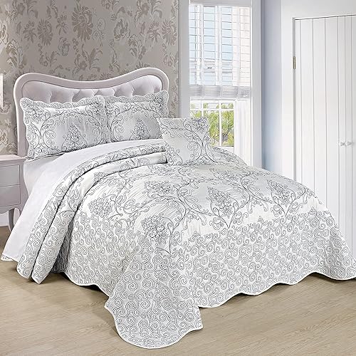 Miniatura 10 de Home Soft Things - Juego de colcha de damasco, 4 piezas, edredón reversible con borde festoneado y prelavado, patrón sólido floral en relieve,