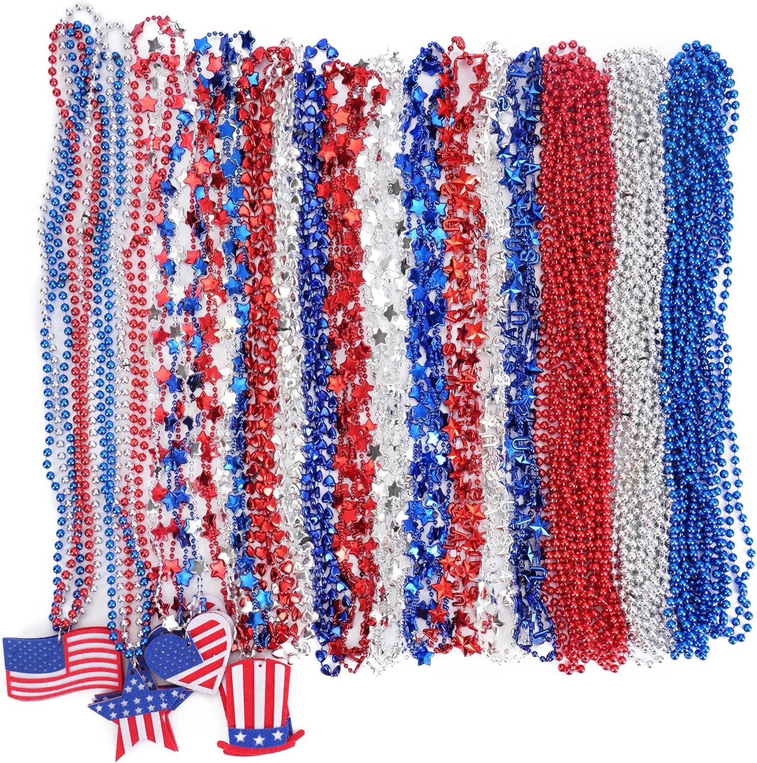Mljsh 60 PCS 4th of July Necklaces Bulk, Red Blue & Silver