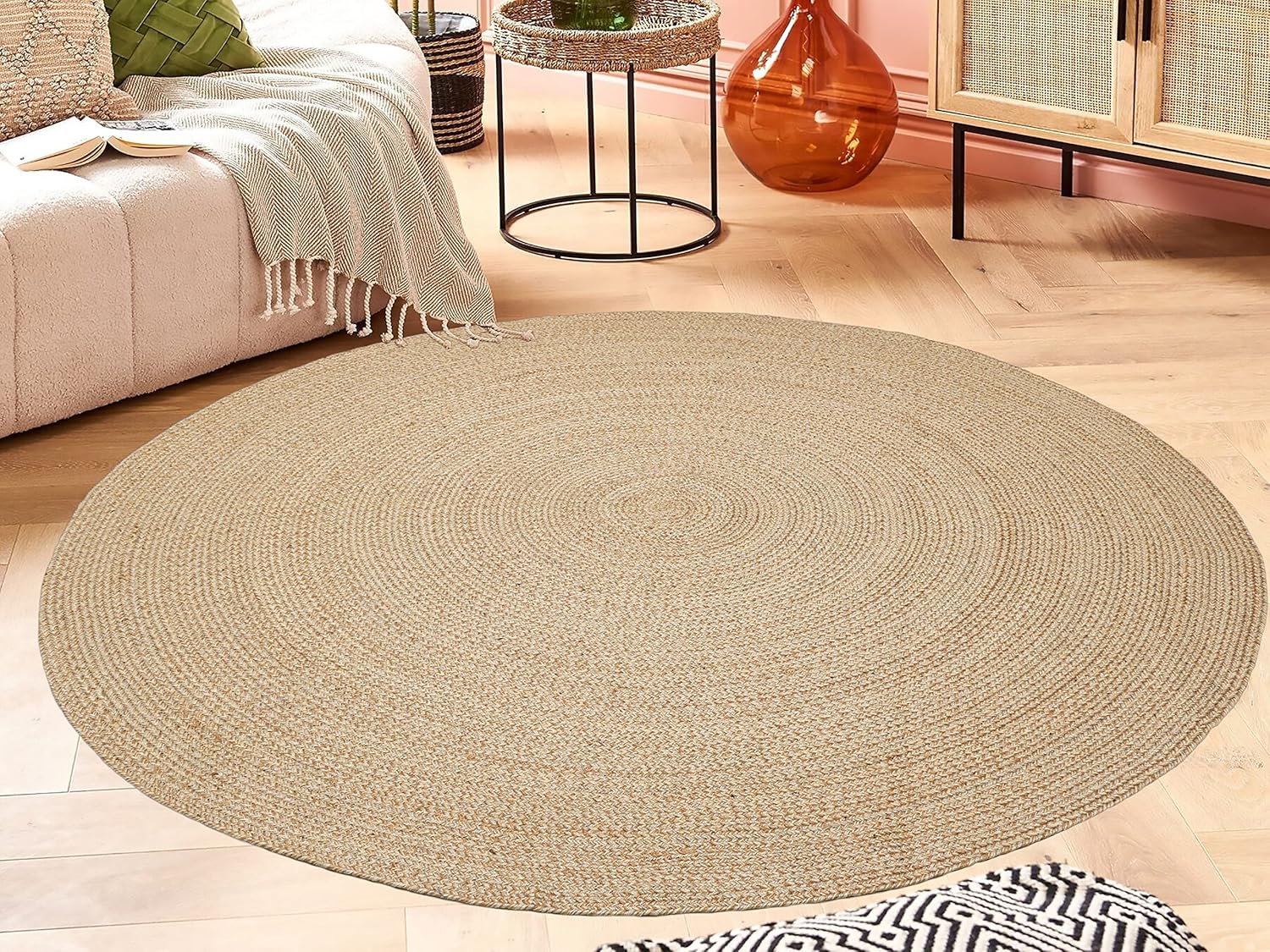 Area Rug for Living Room - Indoor/Outdoor 8' Round Beige – Classic Farmhouse Collection - Easy Clean, Water/Stain/Fade Resistant, Pet Friendly, High Traffic Rug for Patio, Deck, Bedroom
