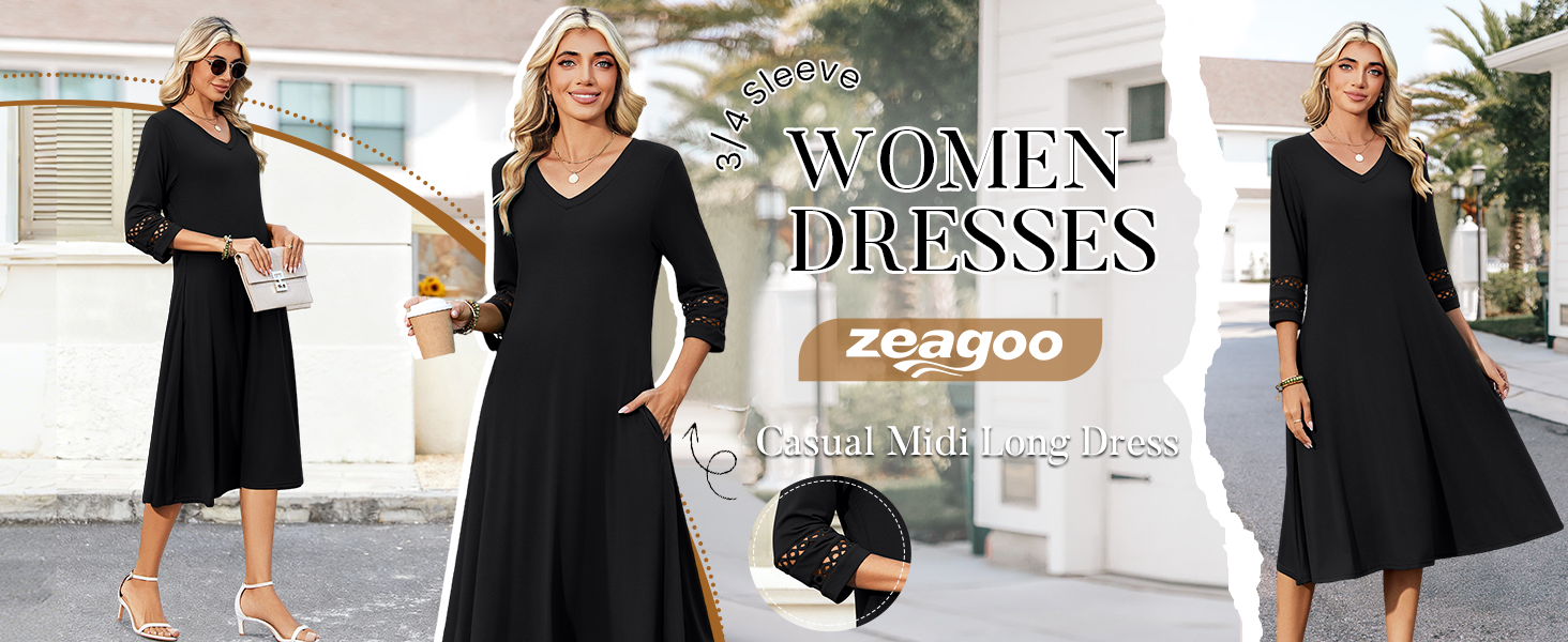 Zeagoo Womens Black Dresses A Line Dress 3/4 Sleeve Loose Elegant Dress  Aline Midi Funeral Dress Black S at Amazon Women's Clothing store