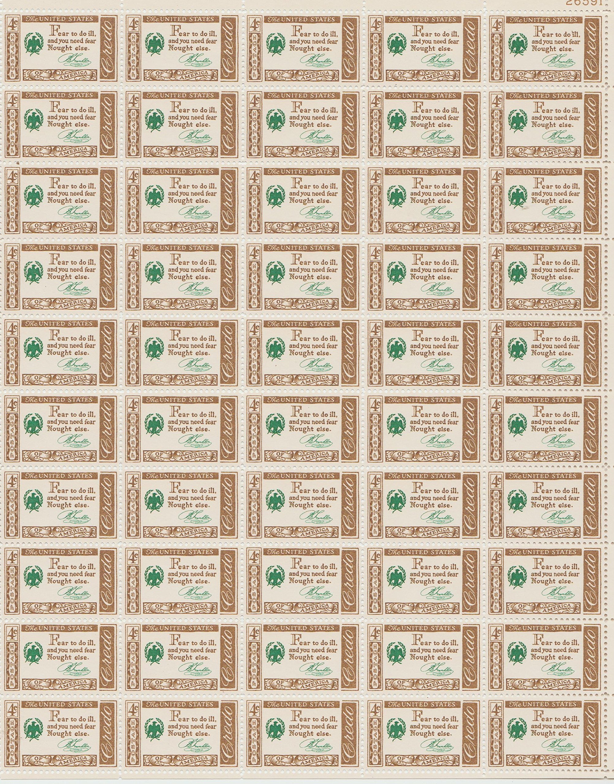 Benjamin Franklin Credo Issue Complete Sheet of 50 Four Cent Stamps Scott 1140