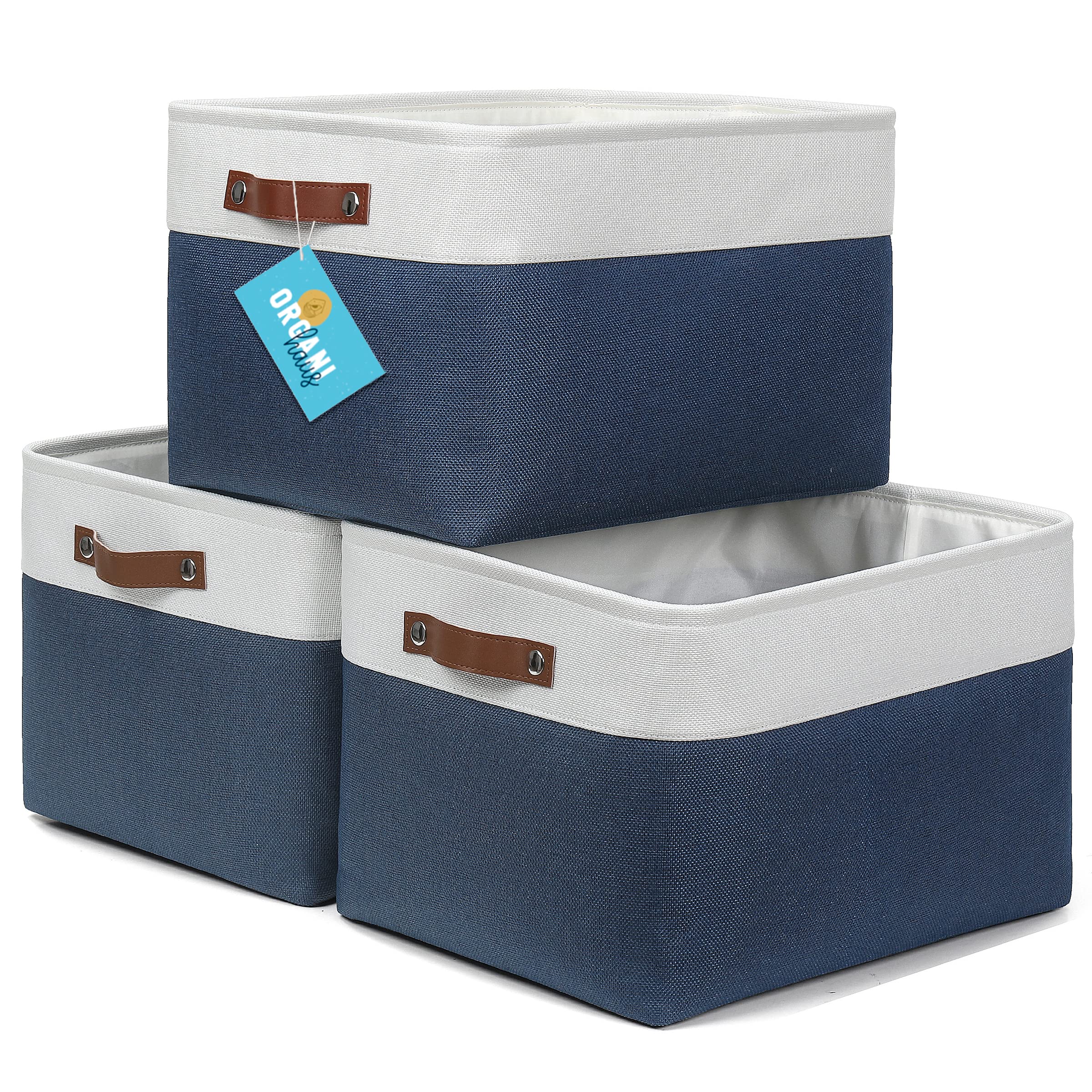 OrganiHaus Extra Large Fabric Storage Baskets for Shelves 3 Pack | 16x13in Closet Storage Bins | Cloth Baskets for Organizing | Linen Closet Organizers | Fabric Storage Bin - Navy Blue/White