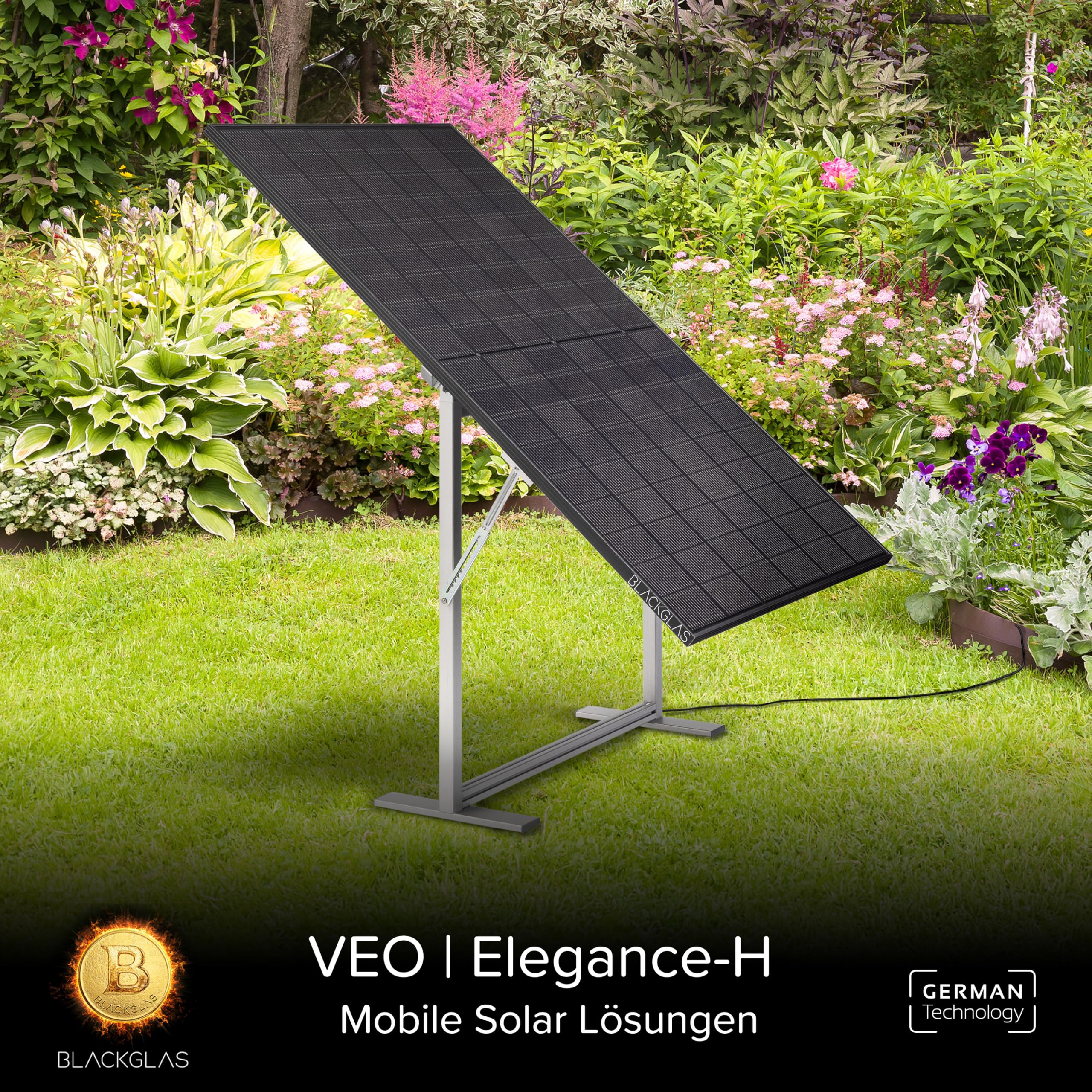 Balkonkraftwerk SolarScreen Sichtschutz VEOelegance-H Modul 445Wp Full Black Solarmodul, Wechselrichter mit App, 5m Kabel, Verstellbarer Winkel, Plug & Play, Vormontiert, Made-in-Germany