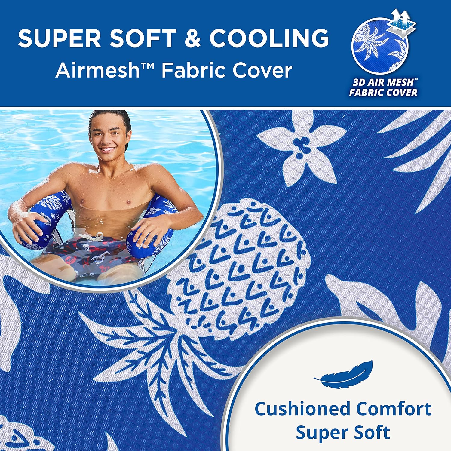 Aqua Deluxe Inflatable Pool Noodle Chair – Soft Mesh Sling-Floating Chair Noodle Float – Blue Pineapple Hibiscus