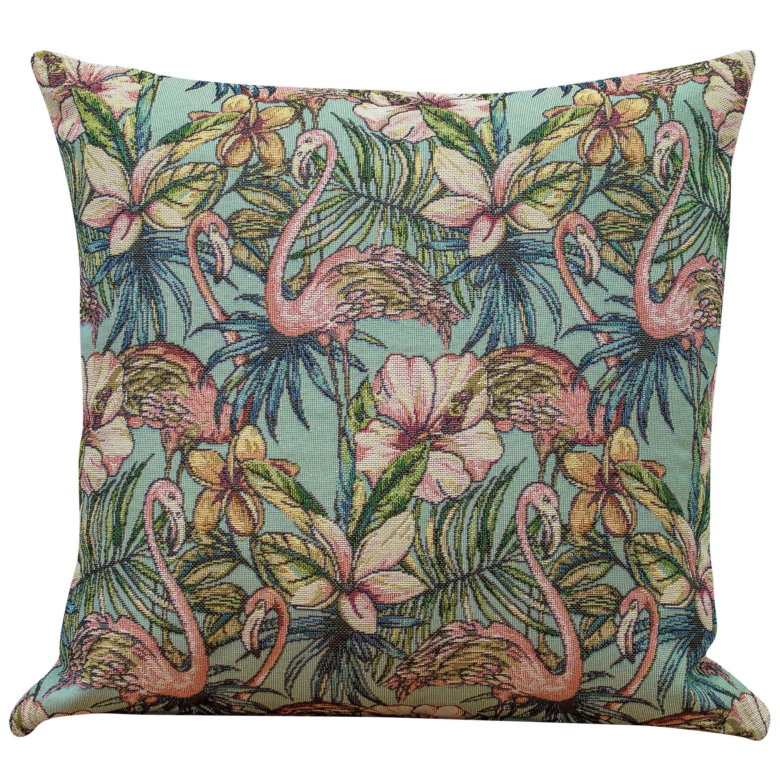 Linen Loft Flamingo Tapestry Cushion Cover. 17x17 (43cm) Square. Double Sided Heavyweight Tapestry Fabric. Exotic Palm Trees Tropical Theme.