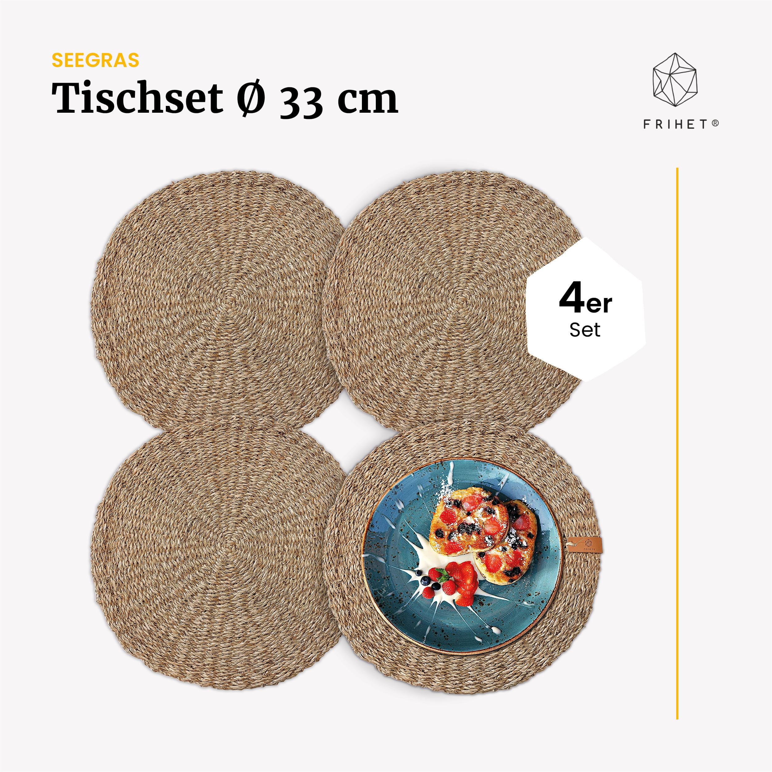 FRIHET Tischset rund - Seegras geflochten (4er Set) Platzset Ø 33 cm, Natur Tischdeko, Tischsets Platzsets abwischbar, Platzdeckchen Esstisch, Hygge Skandi Boho
