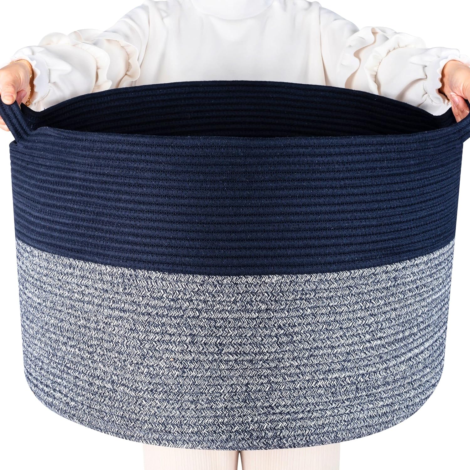 MINTWOOD Design Extra Large 22 x 14 Inches Decorative Woven Cotton Rope Blanket Storage Basket Bin Living Room with Handles and Laundry Hamper for Pillows, Pool Towels, Dog Toys, Shoes, Navy Blue