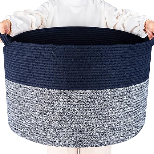 MINTWOOD Design Cesta decorativa de cuerda de algodón tejida extragrande de 22 x 14 pulgadas, para sala de estar con asas y cesta de lavandería para