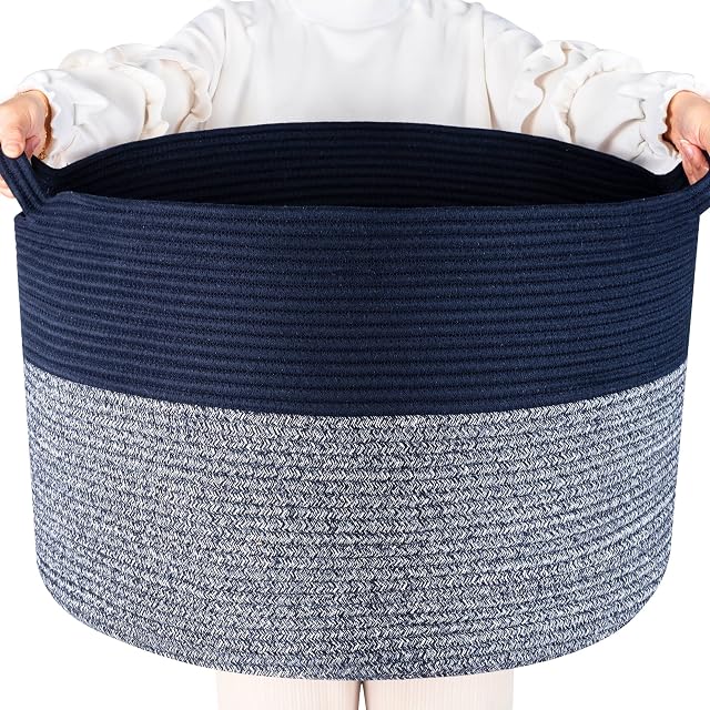 MINTWOOD Design Extra Large 22 x 14 Inches Blanket Basket Living Room, Laundry Basket, Woven Basket, Toy Storage Baskets Bin, Decorative Round Cotton Rope Basket for Pillows, Towels, Navy Blue