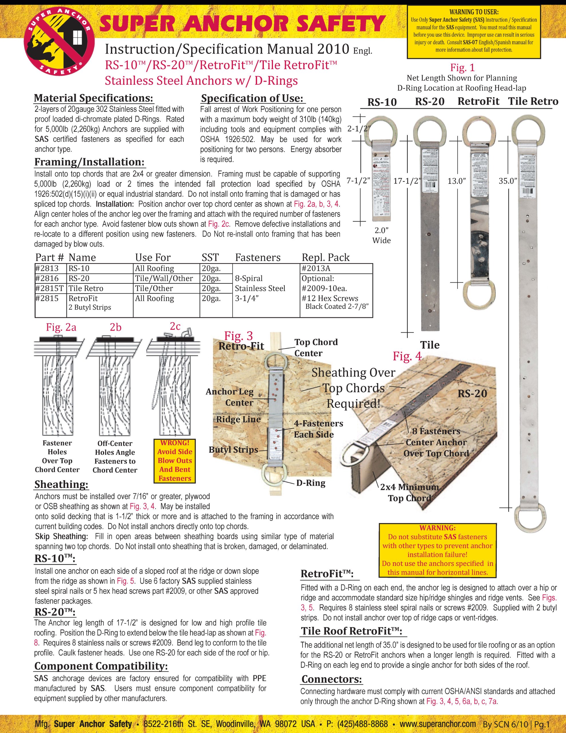 Super de anclaje de seguridad 2816 RS-20 Kit de anclaje con dacromet anillas en D, acero inoxidable, calibre 20