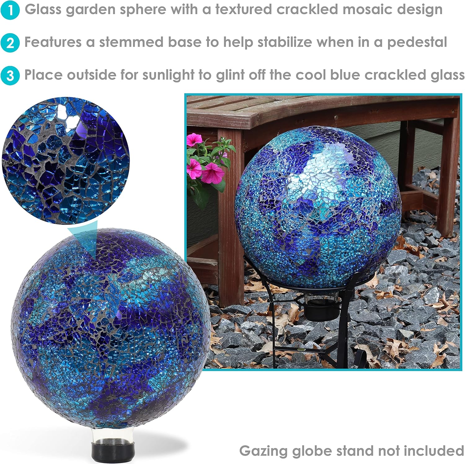 Deep Ocean Blue Crackled Glass Outdoor Gazing Globe, 10"