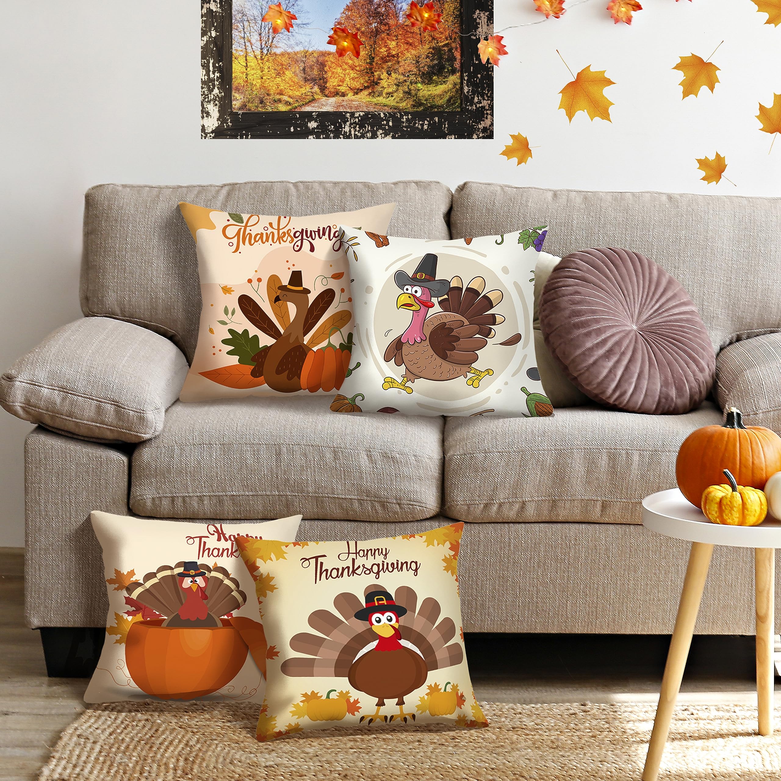 HOSTECCO Set di 4 federe decorative per cuscini del Ringraziamento, 45,7 x 45,7 cm, motivo foglie autunnali, zucca, tacchino