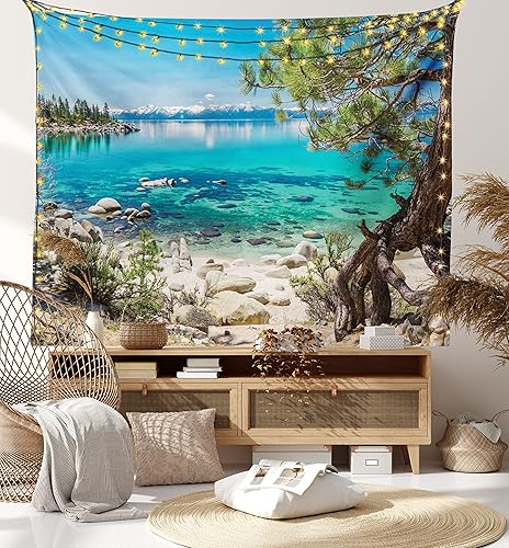 Miniatura 7 de Ambesonne Tapiz de naturaleza, reflejo de montaña nevada del lago Tahoe, vista de la costa rocosa de agua clara, decoración de tela para colgar en