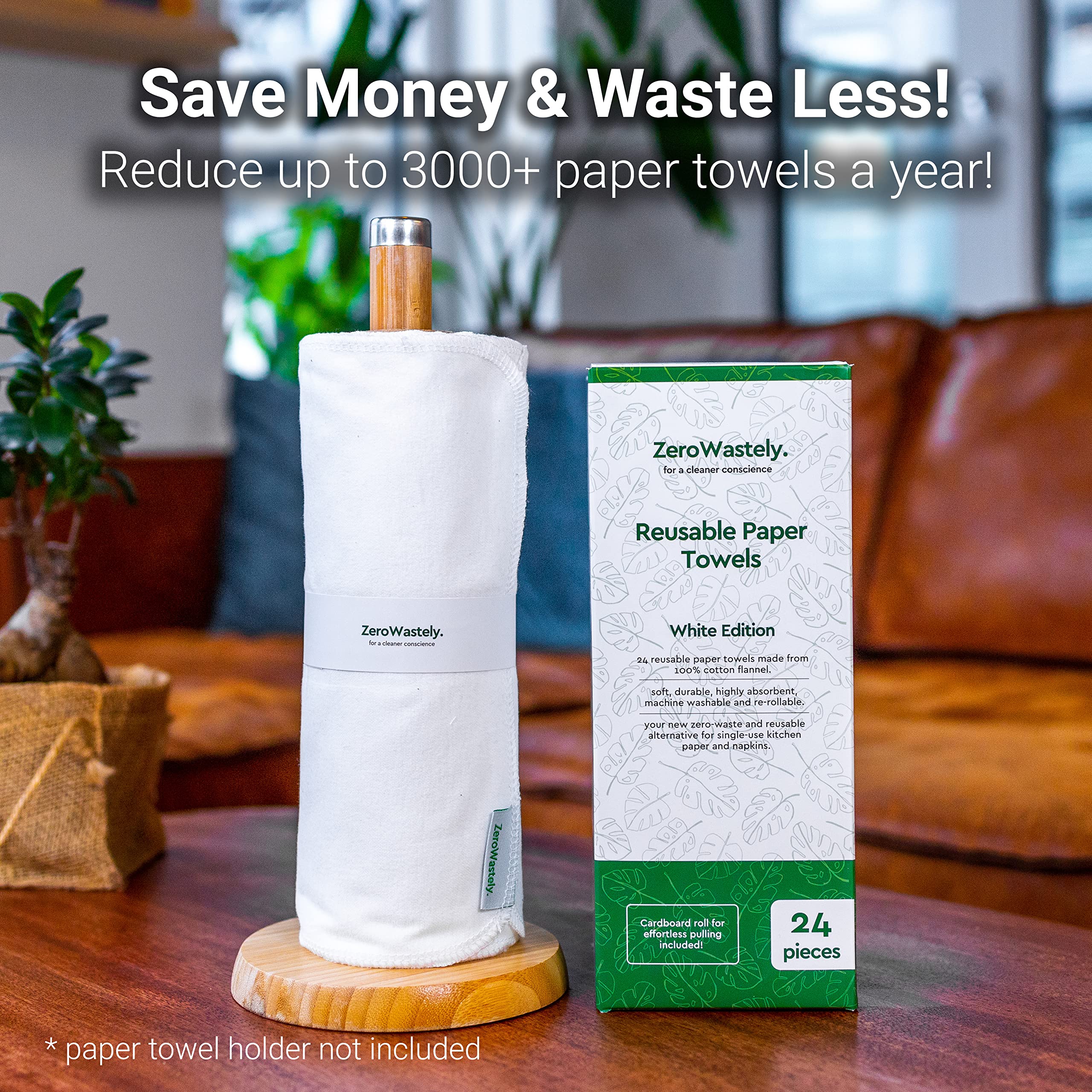 ZeroWastely Toallas de papel de algodón reutilizables, paquete económico de 24 toallas lavables, absorbentes, súper suaves, sin papel, reducen los residuos
