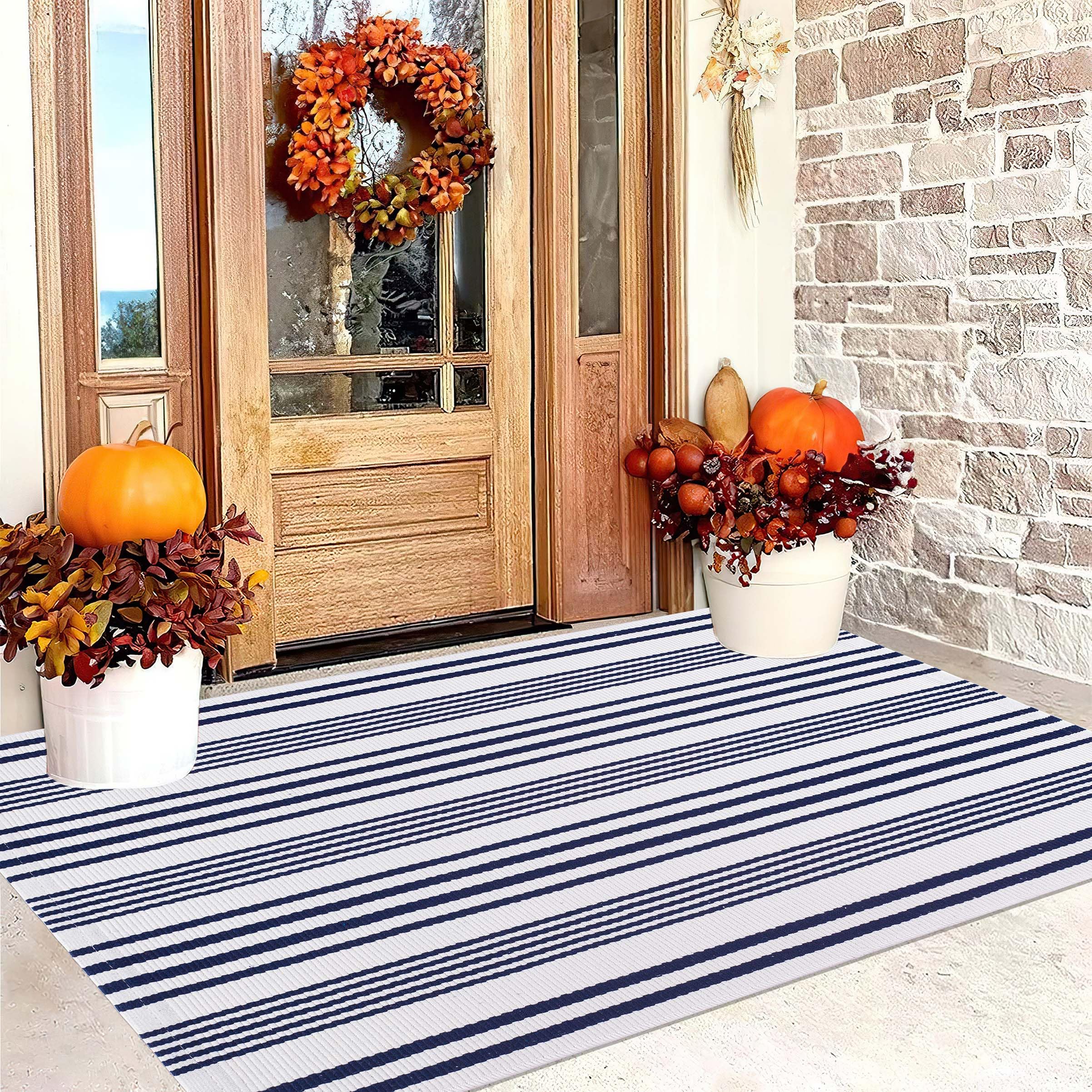 Tapis d'intérieur/extérieur rayé en Coton tissé à la Main Generic Bleu et