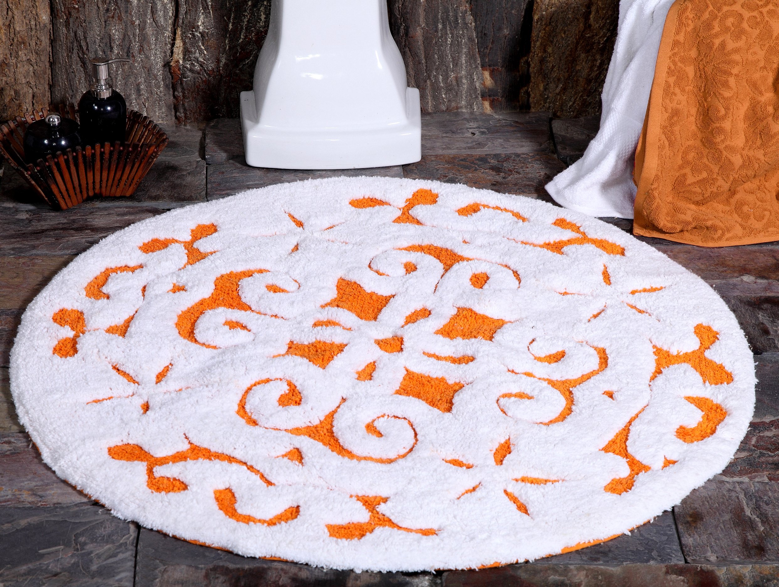 Bath Rug Soft Cotton, 36 Inch Round, Damask Pattern, Latex Spray Non-Skid Backing, Orange/White, Hand Tufted, 200 GSF, Machine Washable
