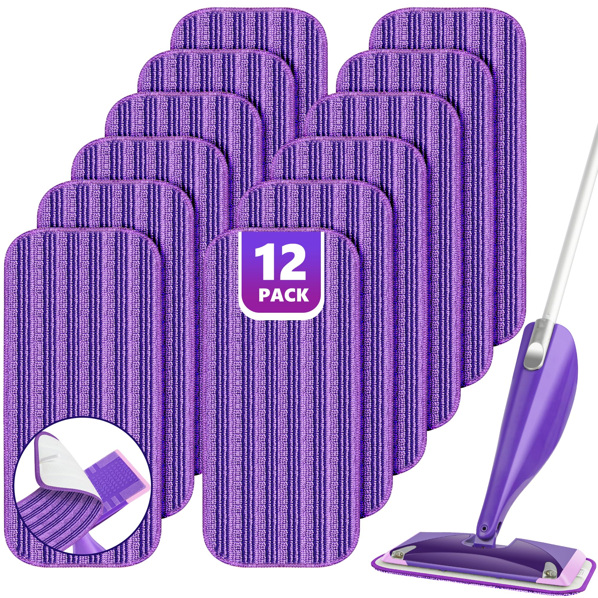 Lot de 12 tampons réutilisables compatibles avec Swiffer Wet Jet - Recharges pour balai Swiffer - Tampons de rechange en microfibre pour le nettoyage des sols en bois dur, chiffons de nettoyage secs