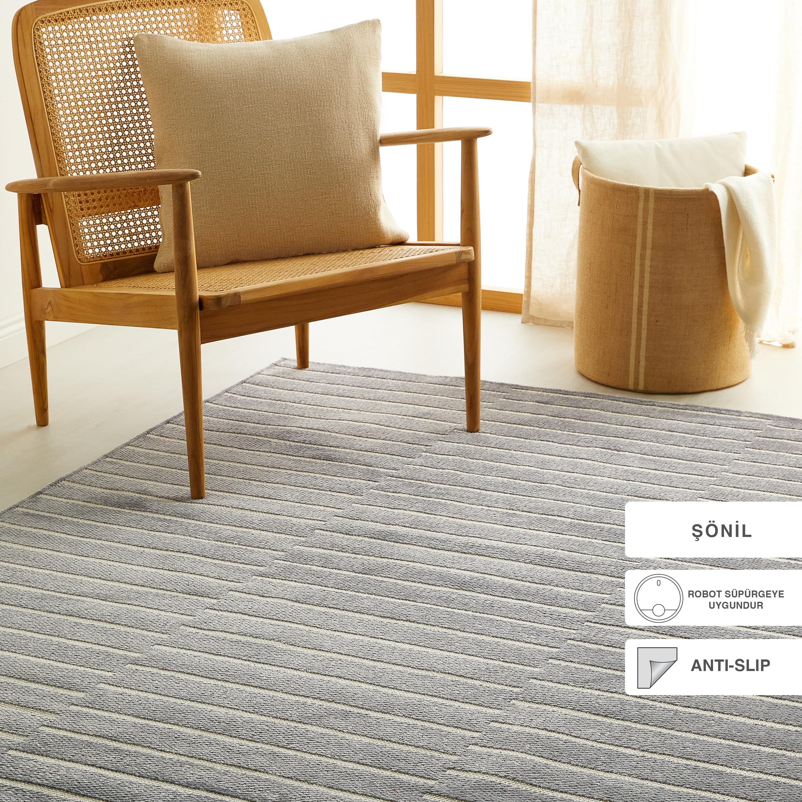 Ocean Home Textile Gri Renk Çizgi Desenli Şönil Halı Kilim 120 x 180 cm