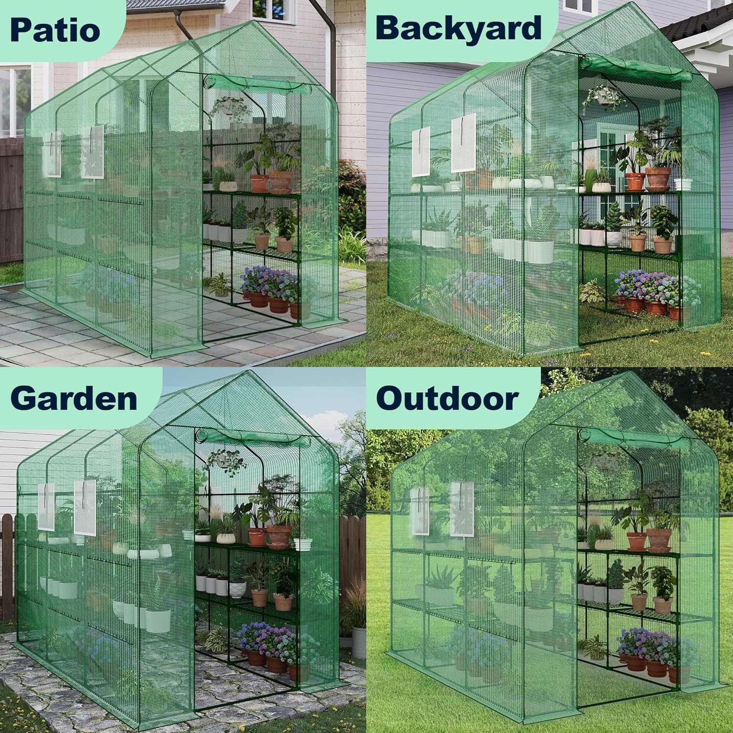 Greenhouse, 57 x 85 x 77'' Greenhouses for Outdoors, with Mesh Side Windows, PE Cover, 8 Shelves, Heavy Duty Walk in Green House for Backyard Garden Indoor, White& Green Outside