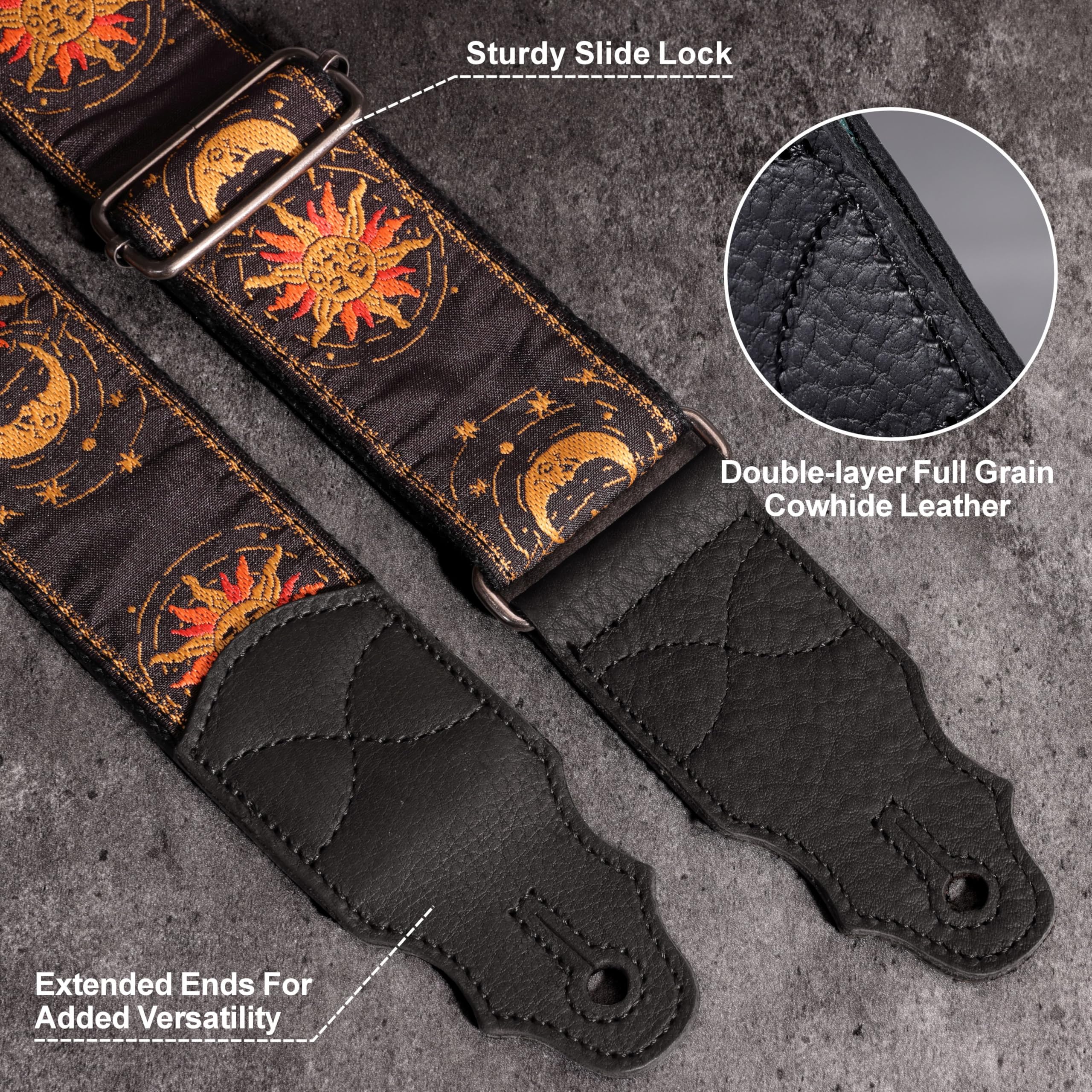 YIKOKO Guitar Strap Golden Sun, Cowhide Leather End, 2" Guitar Straps for Acoustic and Bass Electric Guitars Free Button - Image 2