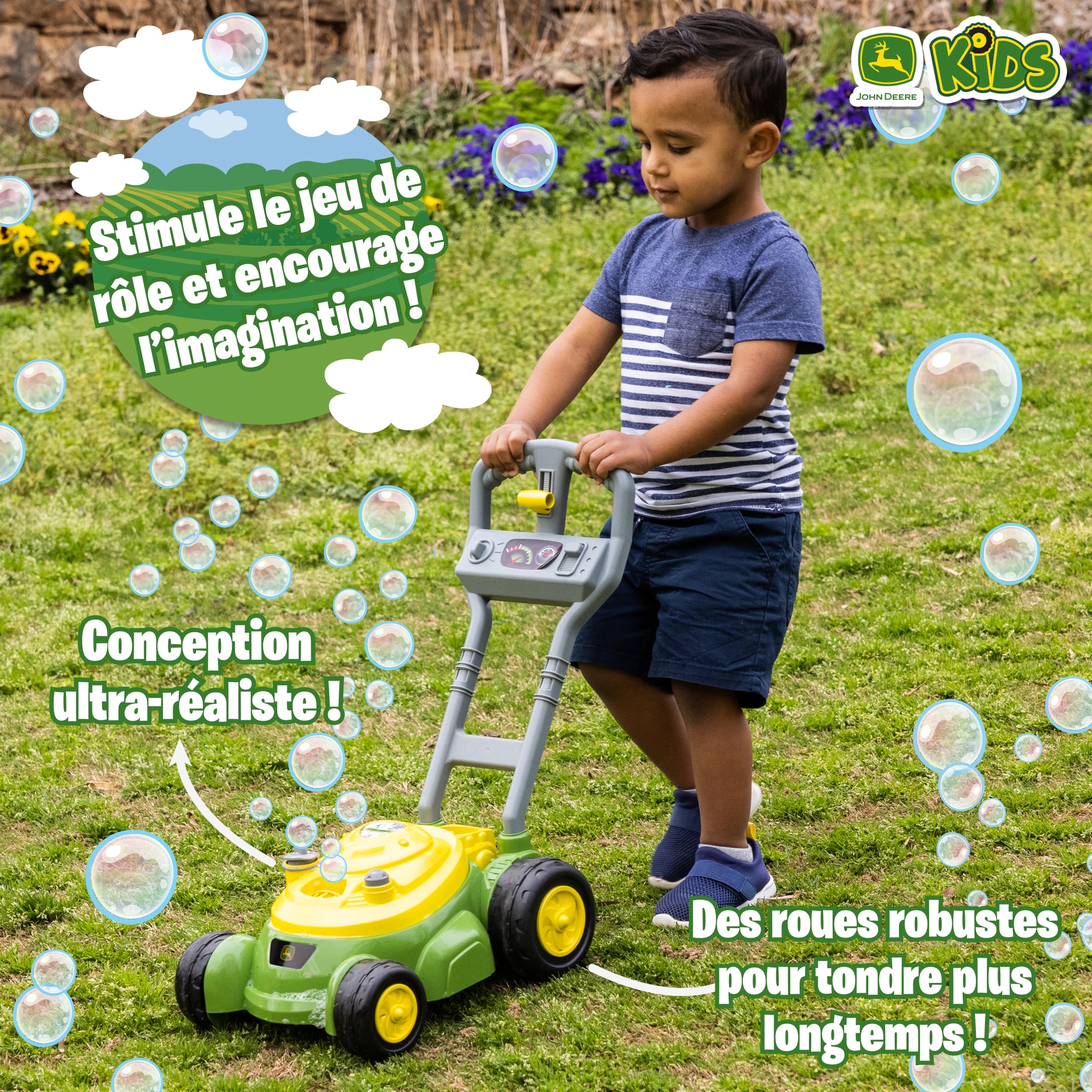 John Deere Tondeuse à Bulles pour Enfants, Jouet de Jardin Extérieur avec Machine à Bulles, Son Réaliste sans Piles, Jeu d’Imitation pour Filles et Garçons, Solution à Bulles Incluse, Dès 2 Ans