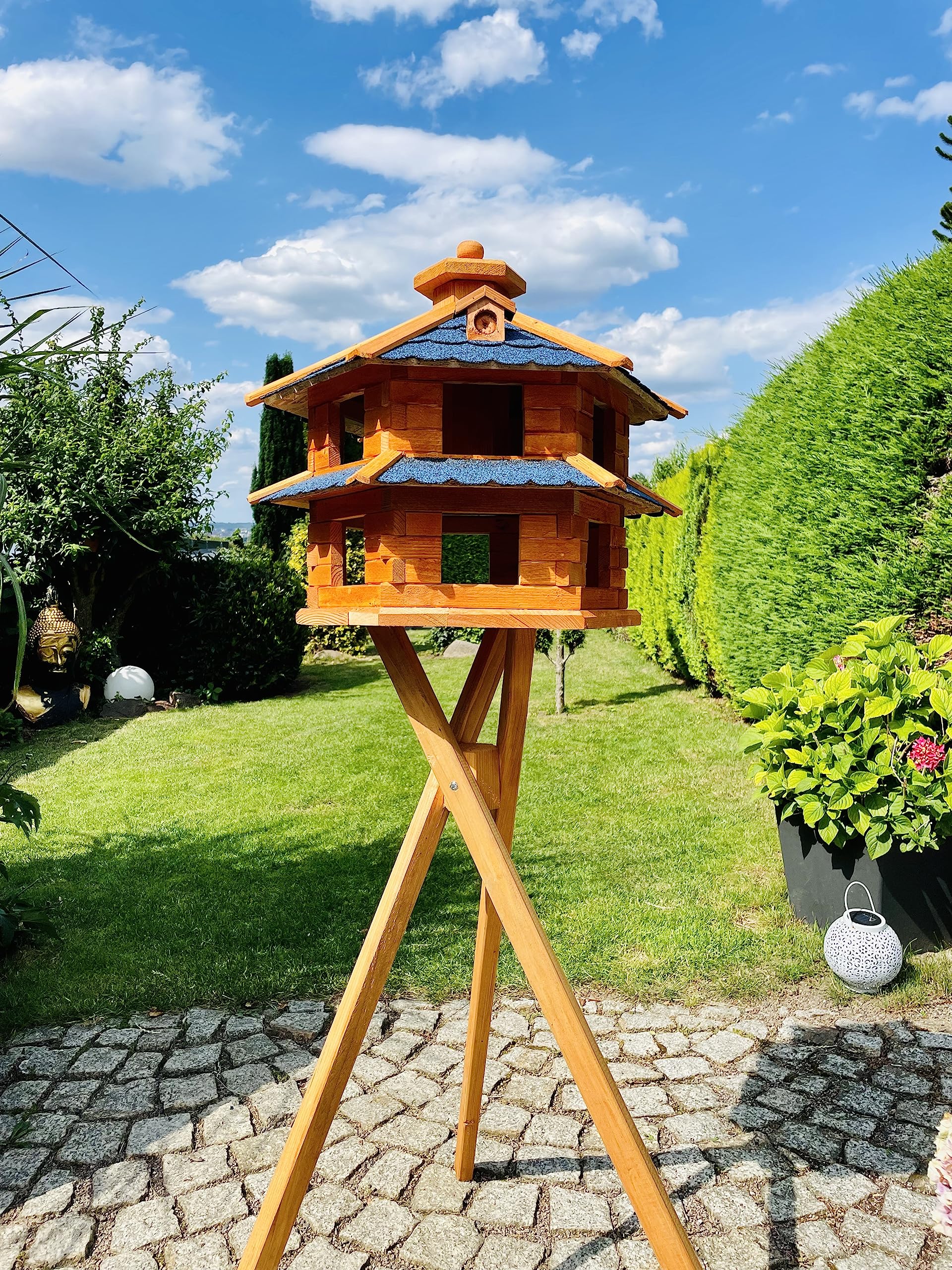Vogelvilla XL - Comedero hexagonal doble para pájaros con soporte, color marrón y azul