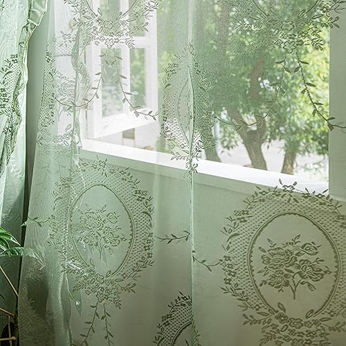 Miniatura 8 de Sutuo Home Juego de 2 cortinas de encaje verde oliva de 84 pulgadas de largo, paneles transparentes con bordado floral rosa con volantes, par de
