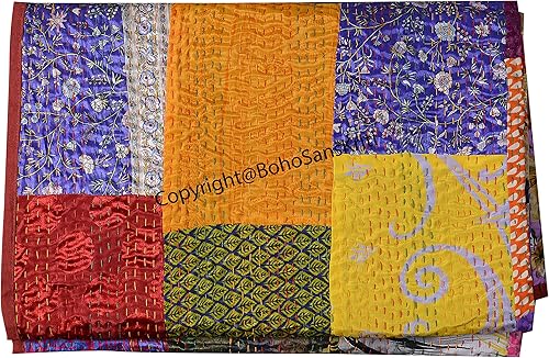 Miniatura 5 de Colcha de seda india Kantha de retazos de seda tamaño Queen Twin Patola Colcha
