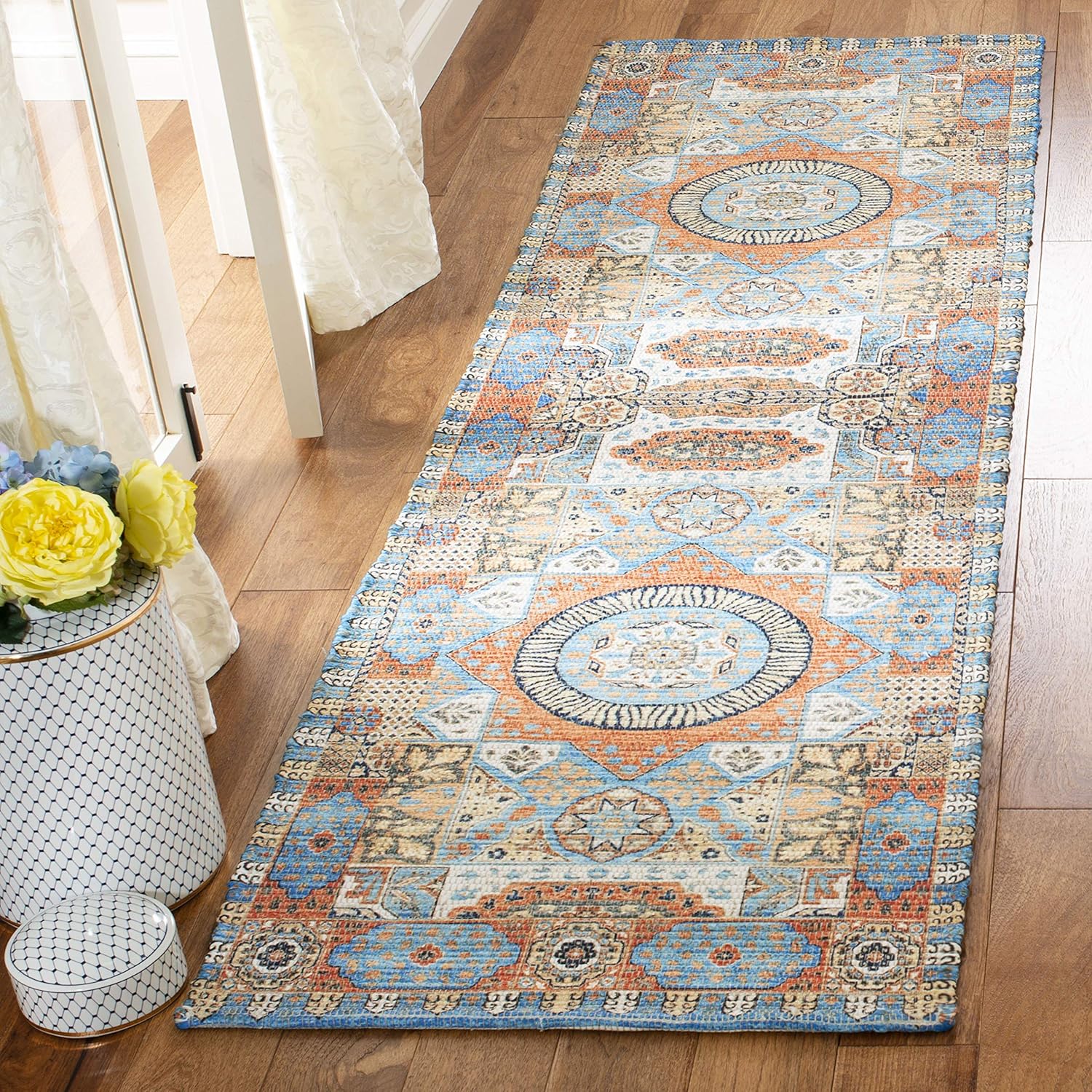 SAFAVIEH Saffron Collection Runner Rug - 2'3" x 8', Orange & Blue, Handmade Boho Chic Distressed Cotton, Ideal for High Traffic Areas in Living Room, Bedroom (SFN541P)