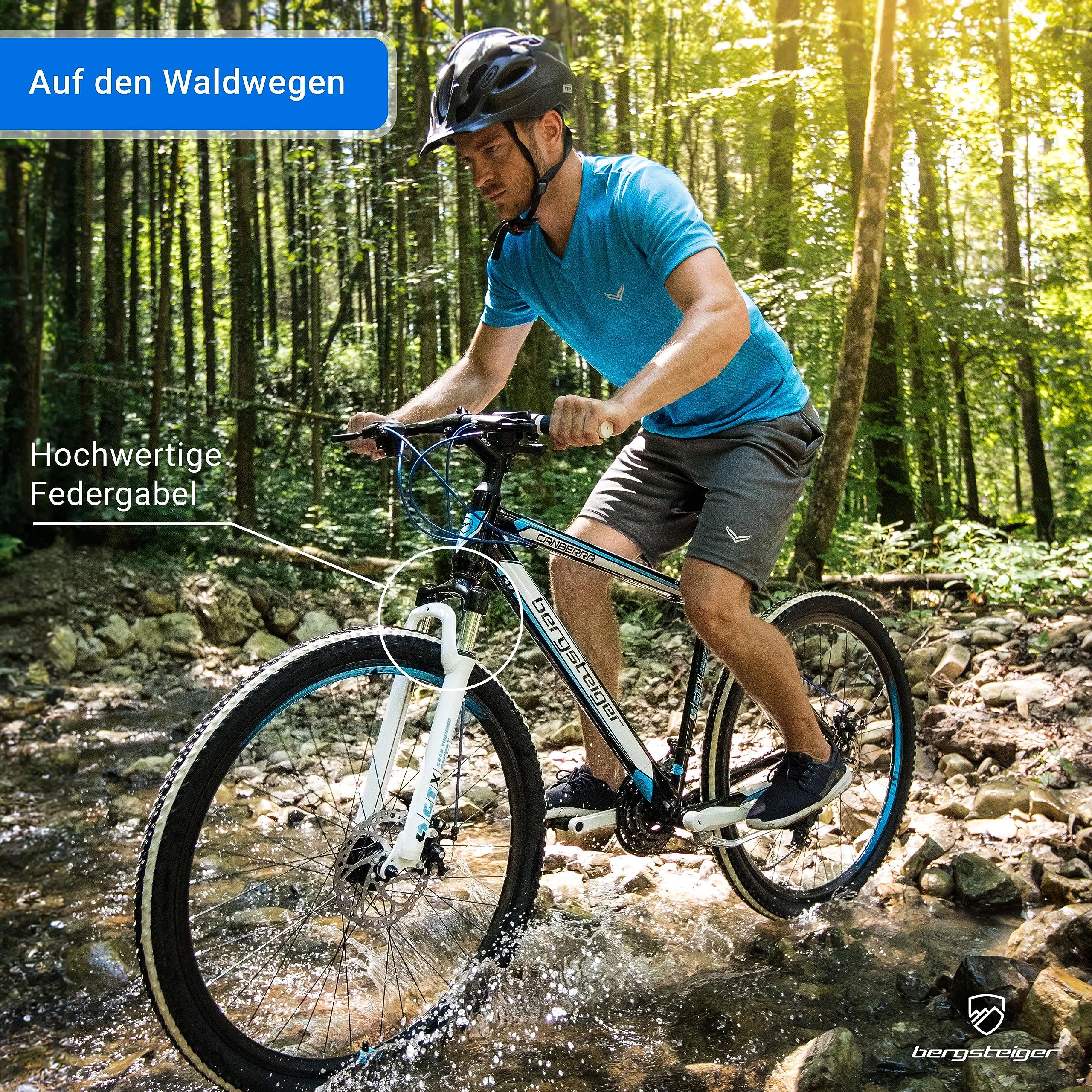 Bergsteiger Canberra 26/29 Zoll Mountainbike Hardtail Aluminium Rahmen | Ideal für Schulweg und Gelände ab 155 cm Größe. Mit 18-Gang-Schaltung, Beleuchtung und zu 90 Prozent vormontiert.