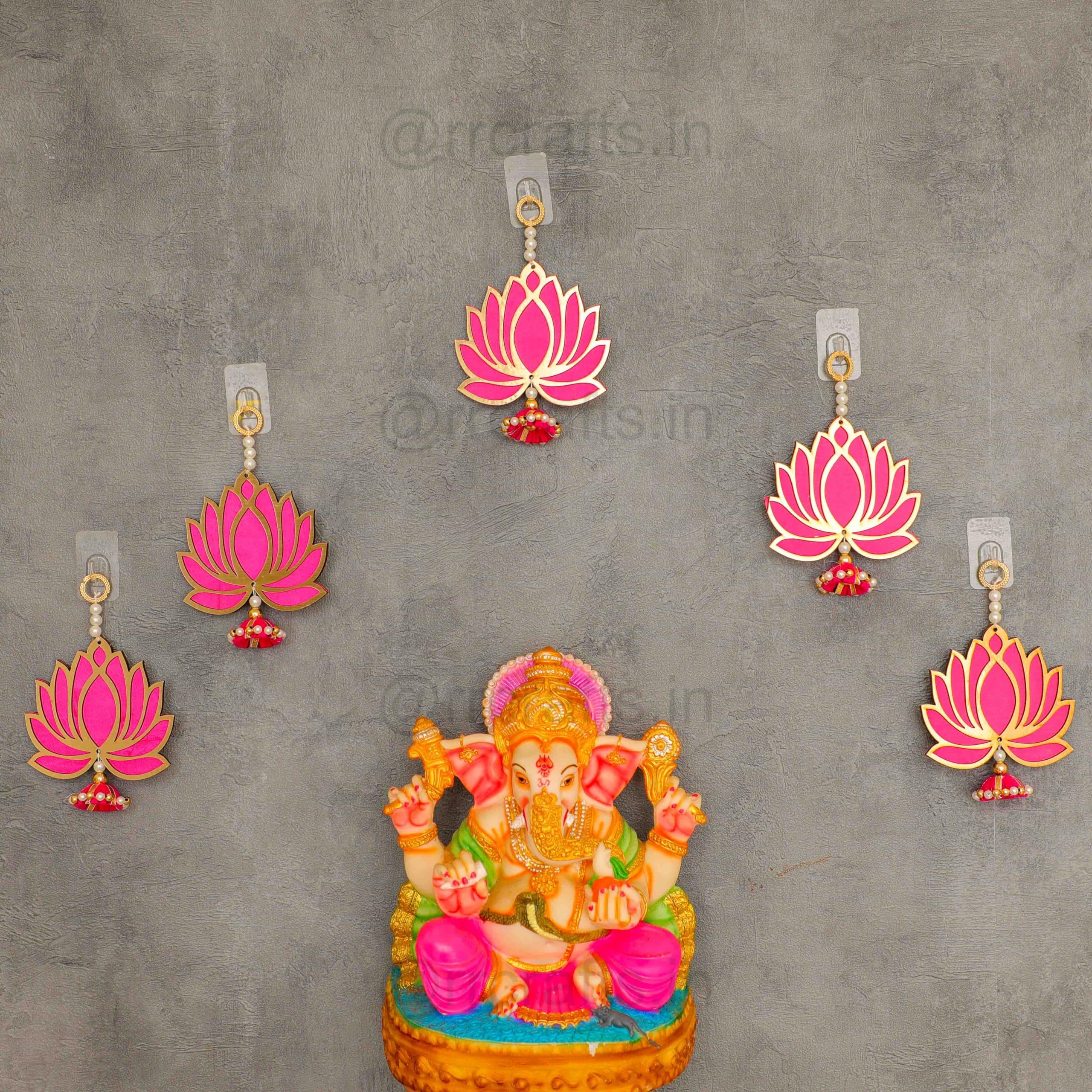 Velvet Handmade Wall Decor Lotus (08 Pcs- Pink) with Jhumki Style Hanging for Home Decor,Diwali Decor,Wedding and All Festival Decor | Lotus Hangings for Home Decoration