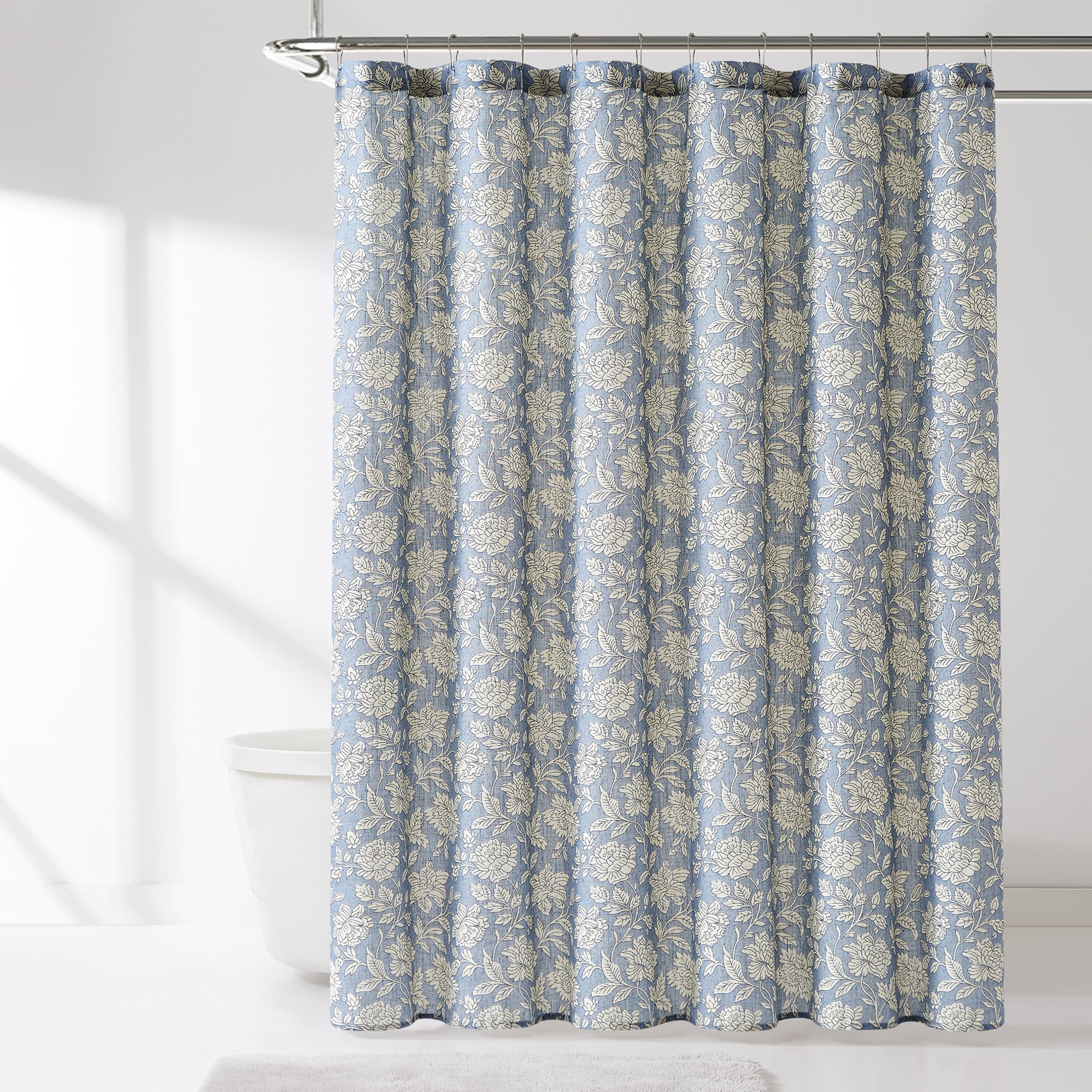 Lush Decor Zara Floral Block Linen Textured Shower Curtain Single 72" W x 72" L Blue - Floral Bath Curtain - Vintage Decor