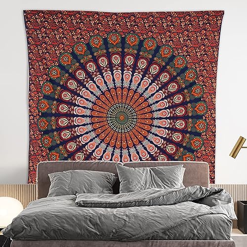 Miniatura 2 de Tapiz hippie indio bohemio psicodélico azul dorado pavo real mandala colgante en la pared (rojo dorado, verde, Queen (84 x 90 pulgadas) (84.6 x 90.6