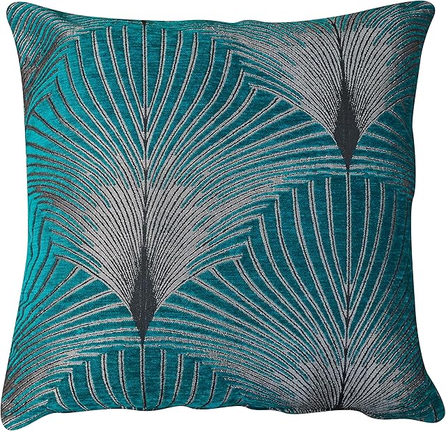 Art Deco Retro Fan Cushion Cover. Teal Blue and Silver Vintage Design. Luxury Velvet Chenille. 17x17 Square Cushion. Cover Only.