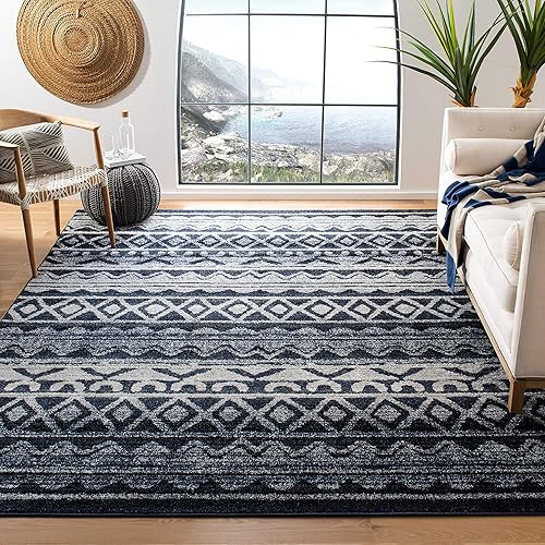 SAFAVIEH Adirondack Collection Area Rug - 8' x 10', Ivory & Navy, Moroccan Boho Distressed Design, Non-Shedding & Easy Care, Ideal for High Traffic Areas in Living Room, Bedroom (ADR119M)